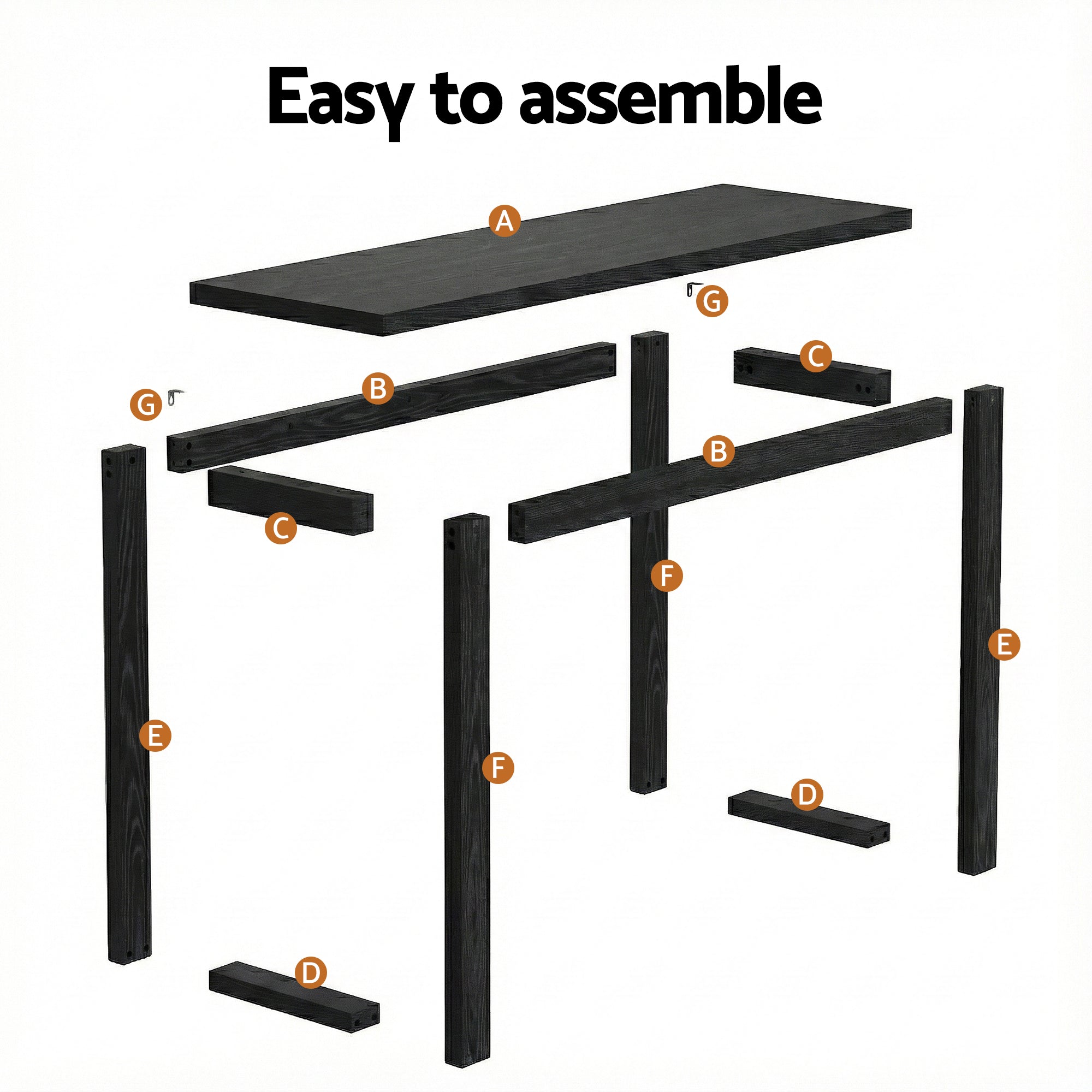 Black console table assembly parts diagram with labeled components.