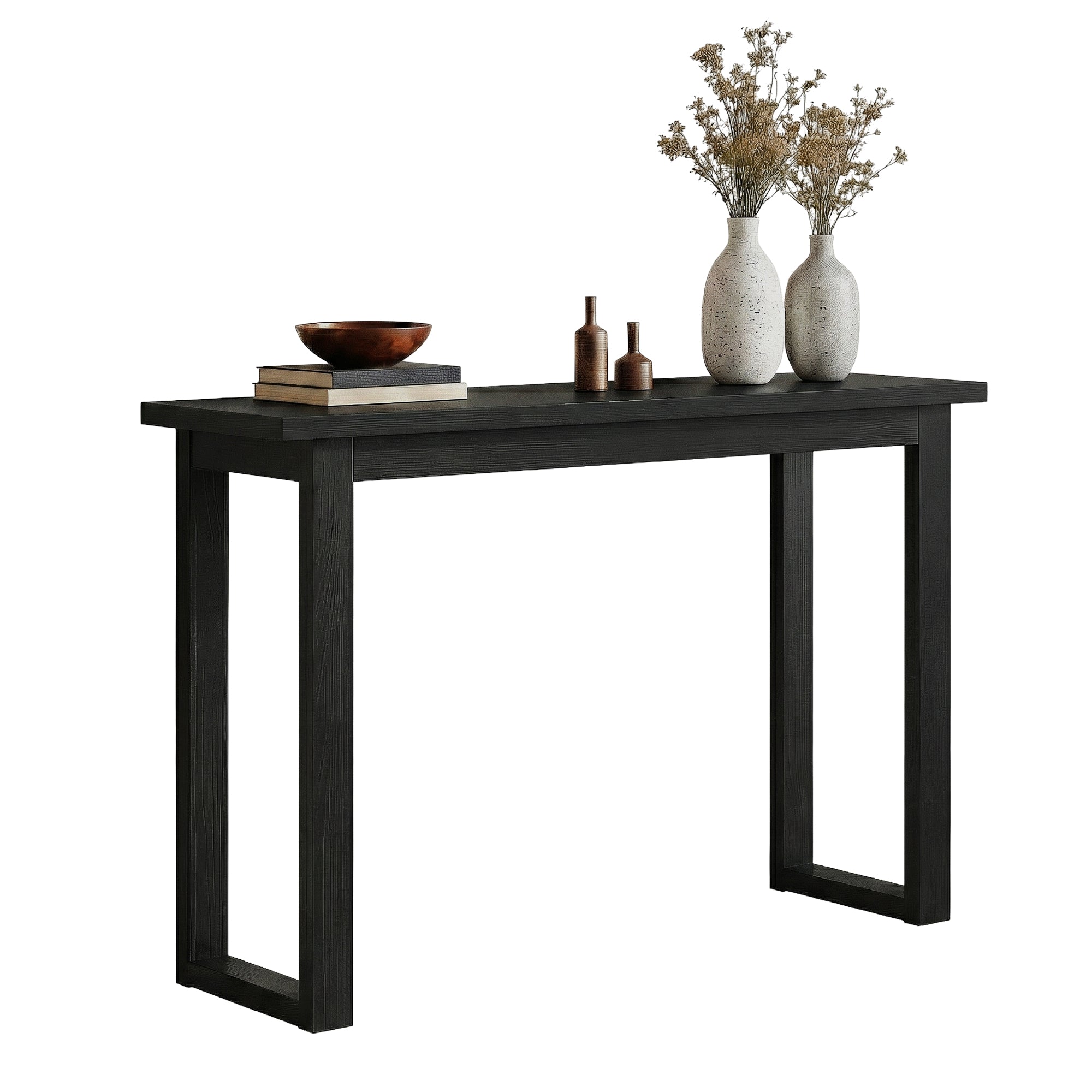 Black console table with long flat top and sturdy open frame base.
