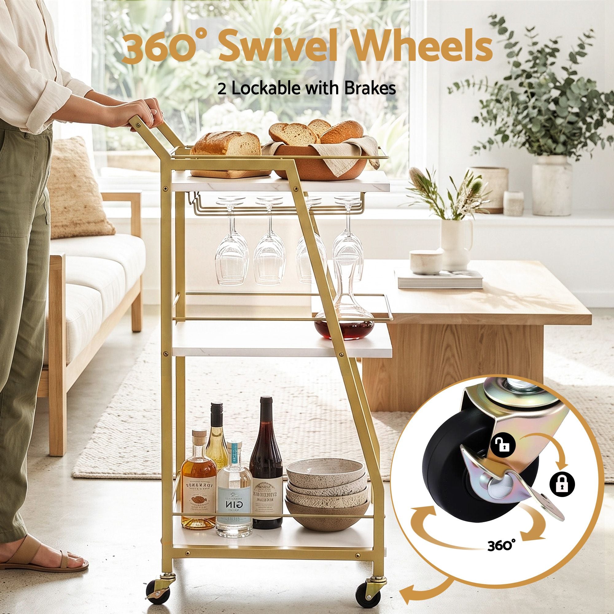 Artiss Bar Cart Trolley Kitchen Island Serving Wine Glass Holder Marble 41cm Bedworld