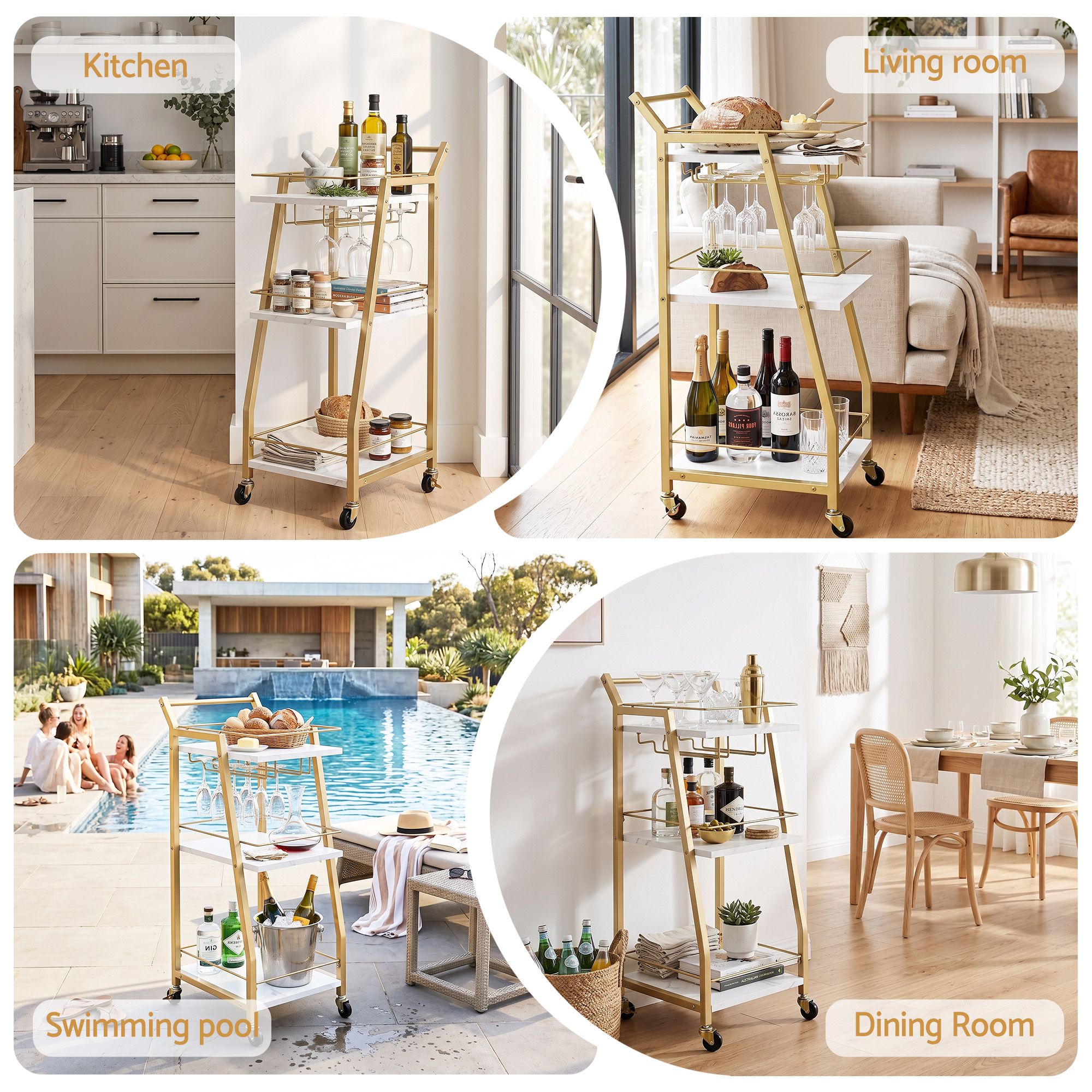Artiss Bar Cart Trolley Kitchen Island Serving Wine Glass Holder Marble 41cm Bedworld