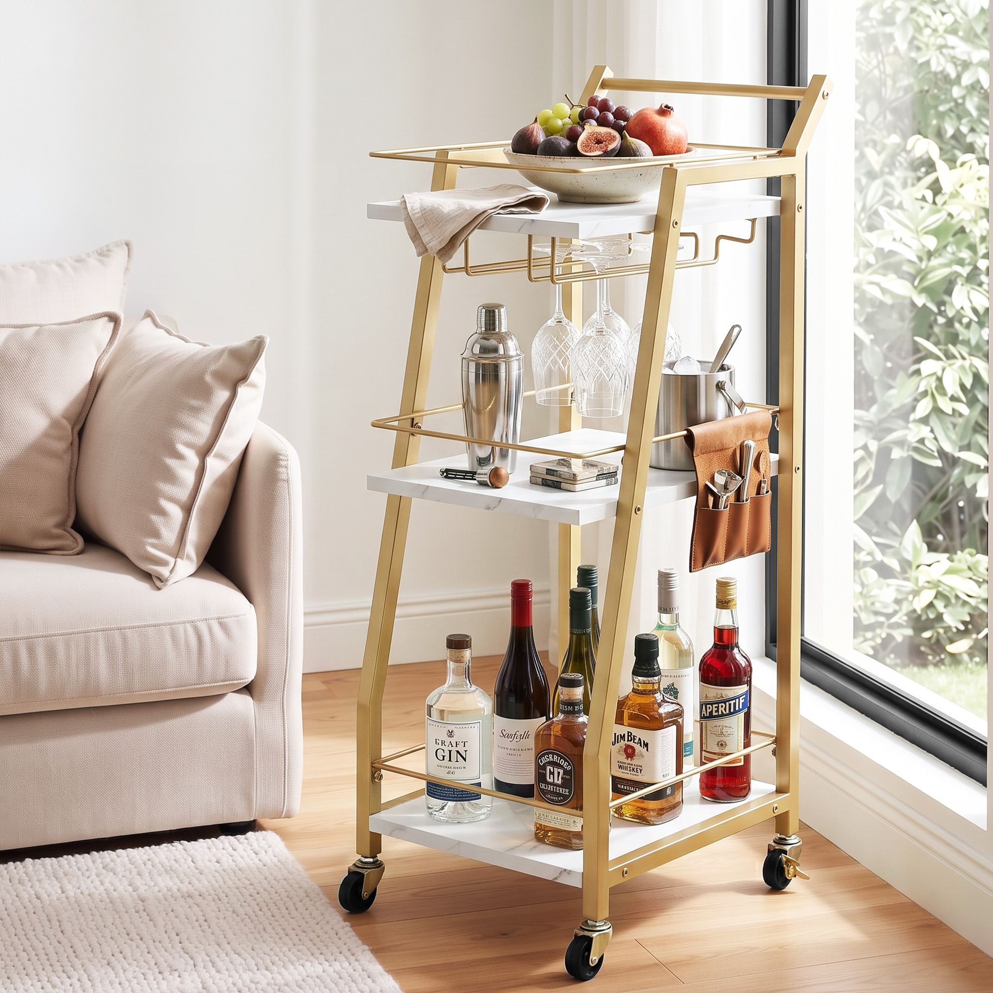 Artiss Bar Cart Trolley Kitchen Island Serving Wine Glass Holder Marble 41cm Bedworld