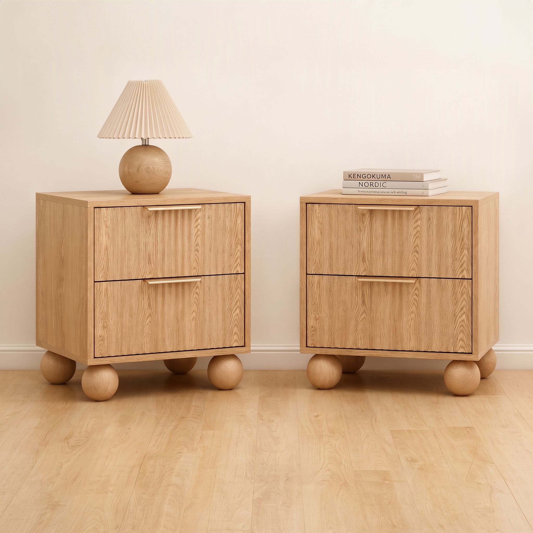 Artiss 2x Bedside Table Round Legs 2 Drawers Pine Bedworld