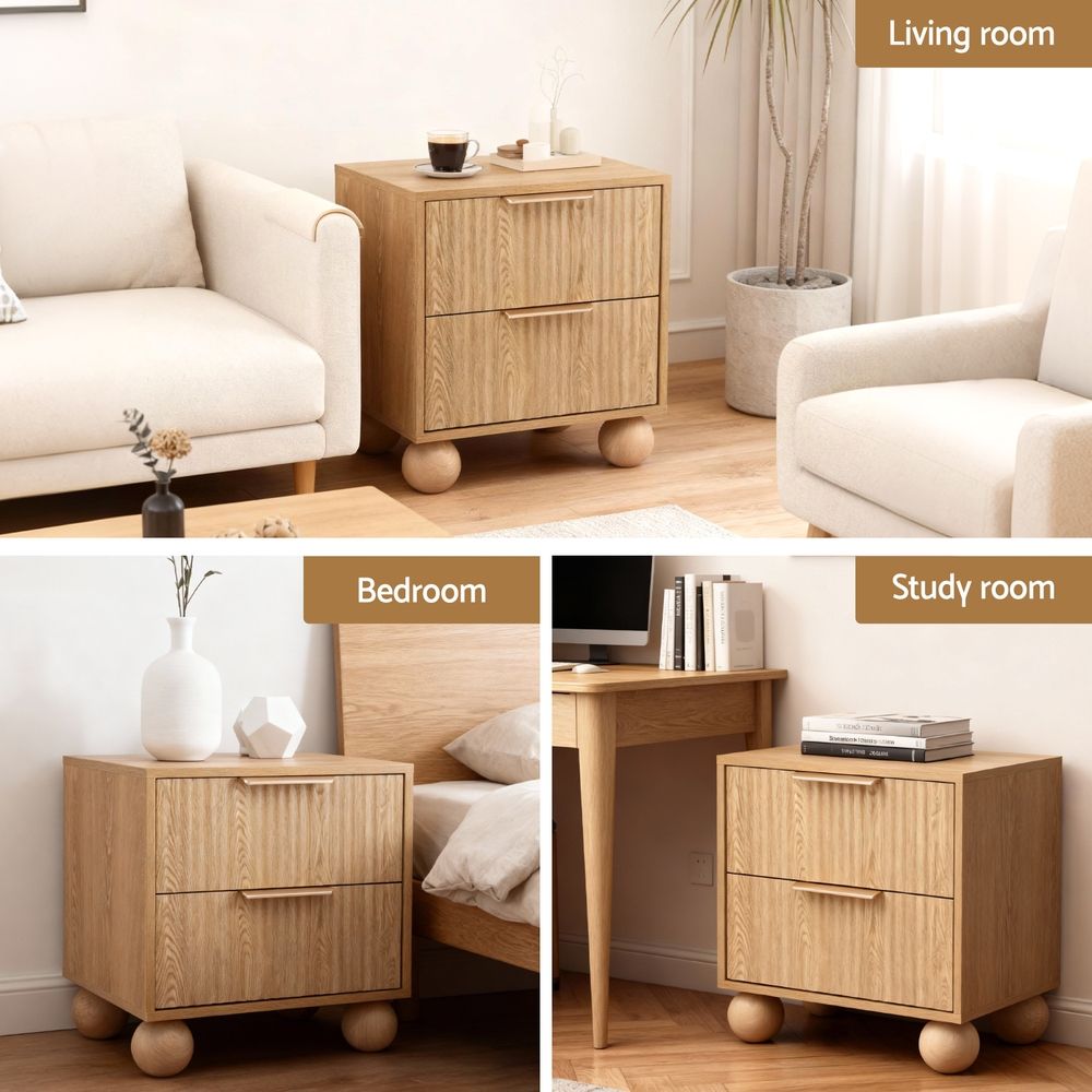 Artiss 2x Bedside Table Round Legs 2 Drawers Pine Bedworld