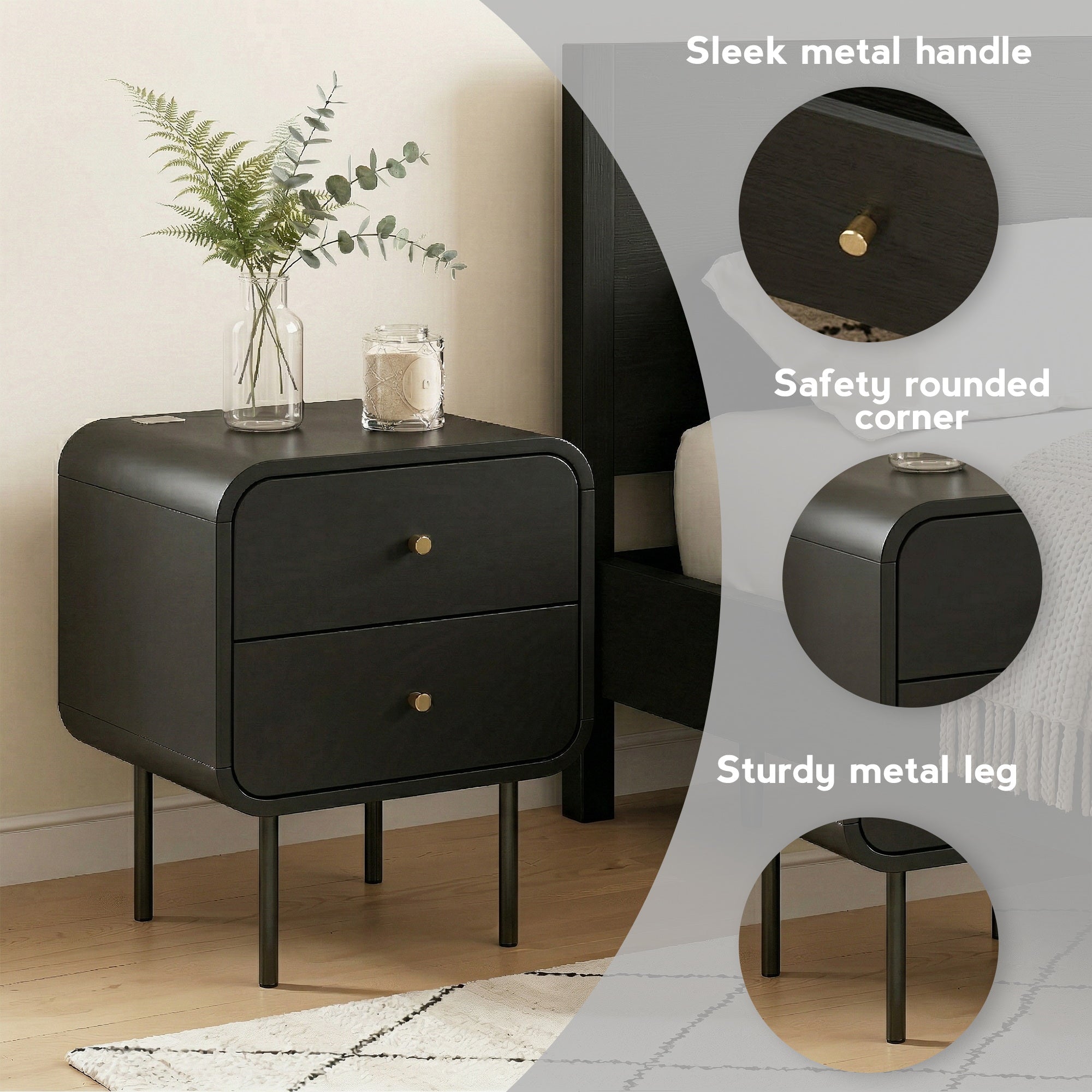 Artiss Bedside Table 2 Drawers Side End Table Nightstand Black Bedworld