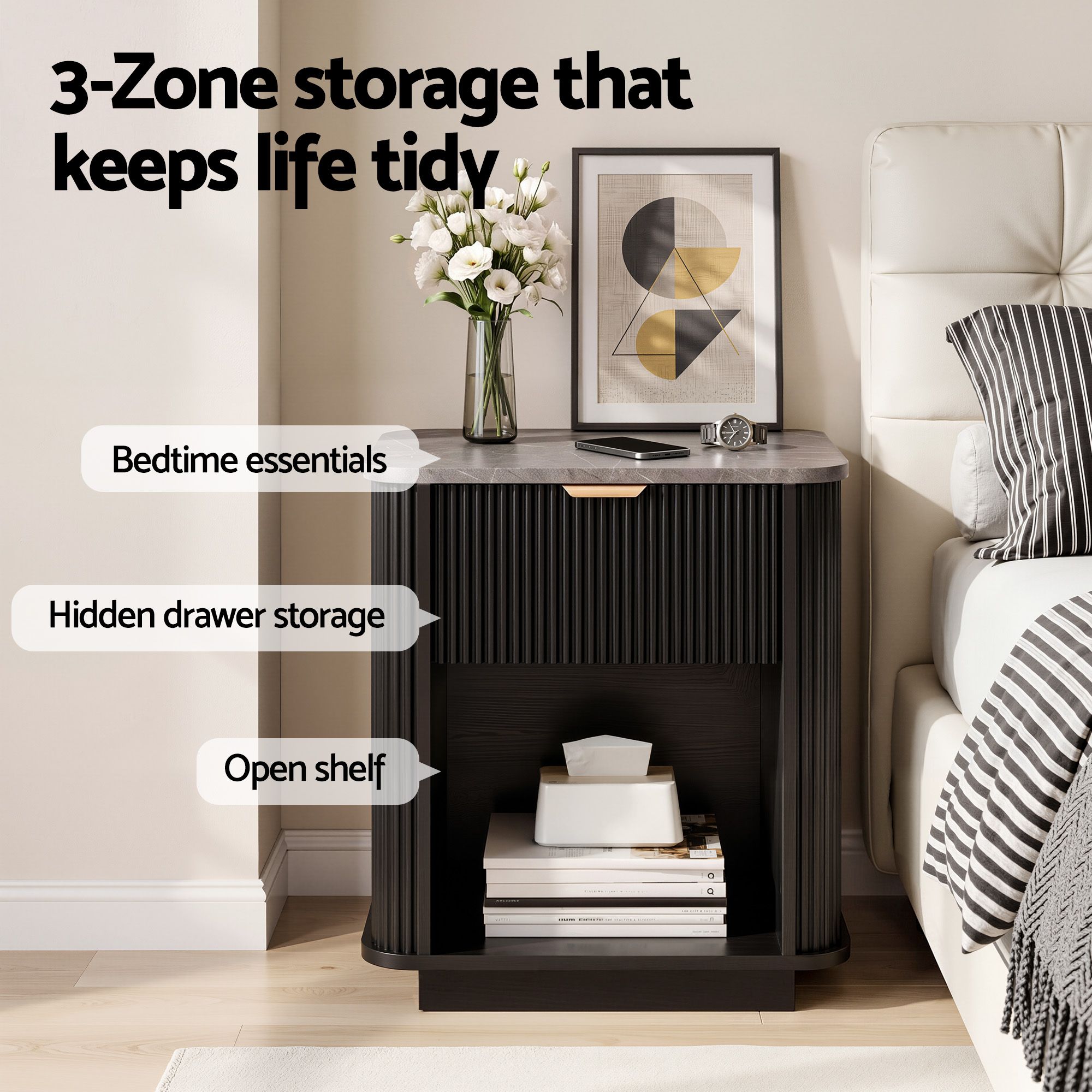 Artiss Bedside Table with 1 Drawer Side Table Black Nightstand Bedworld