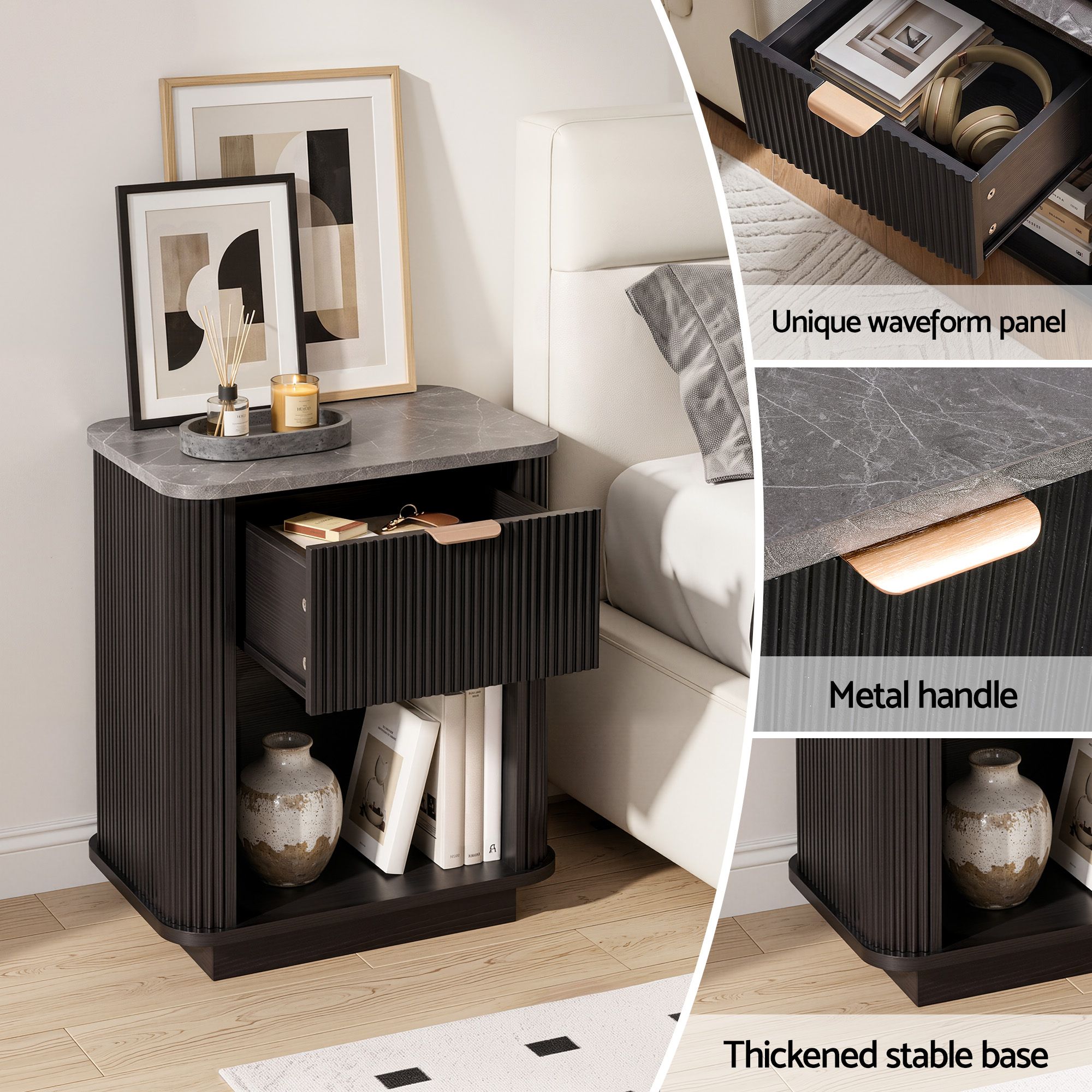 Artiss Bedside Table with 1 Drawer Side Table Black Nightstand Bedworld
