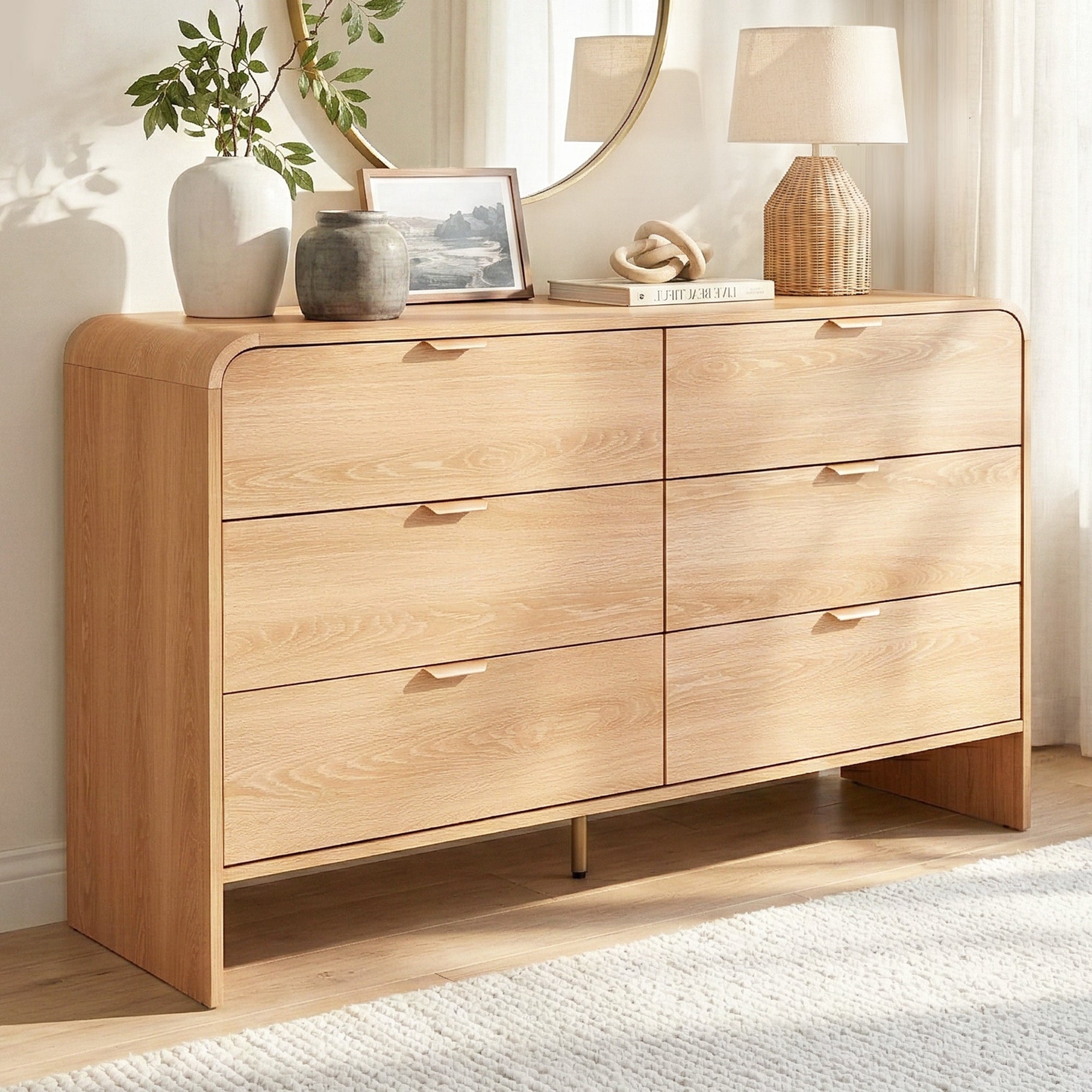 Light pine dresser cabinet with 6 drawers, metal pull handles, flat top and angled legs