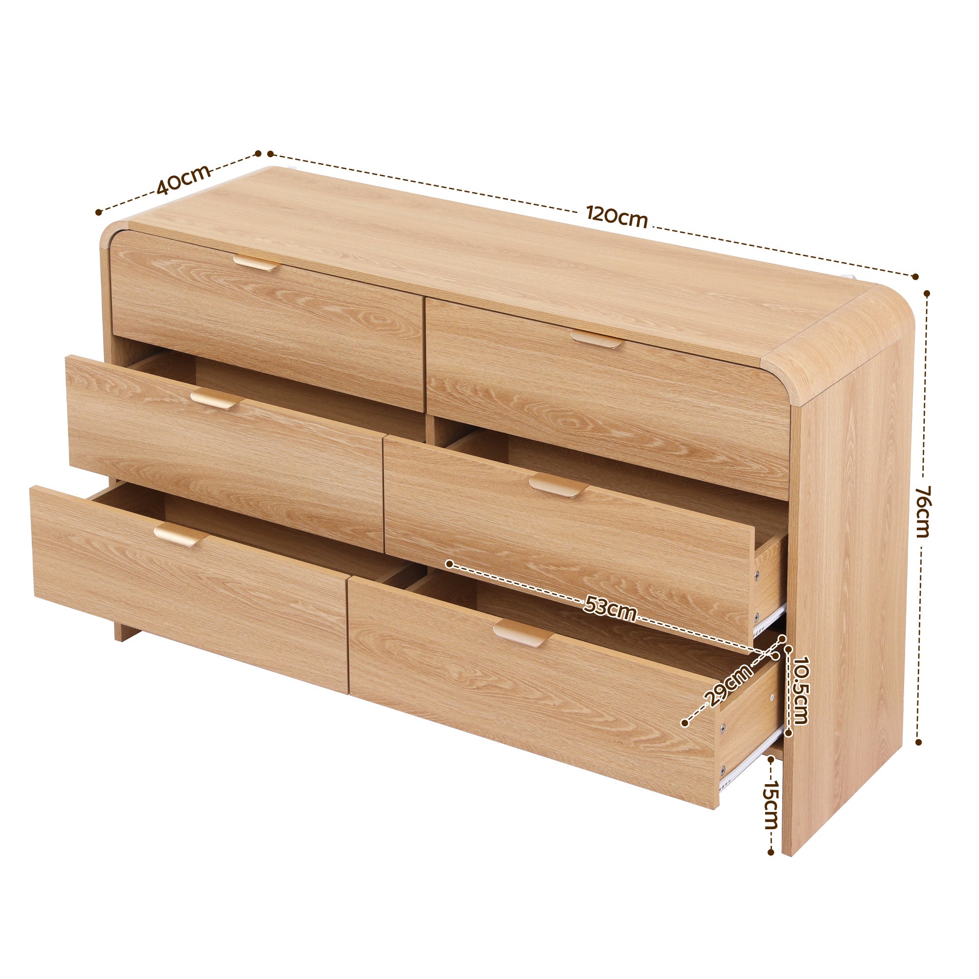 Light wood dresser cabinet with 6 drawers open, showing internal compartments and slides