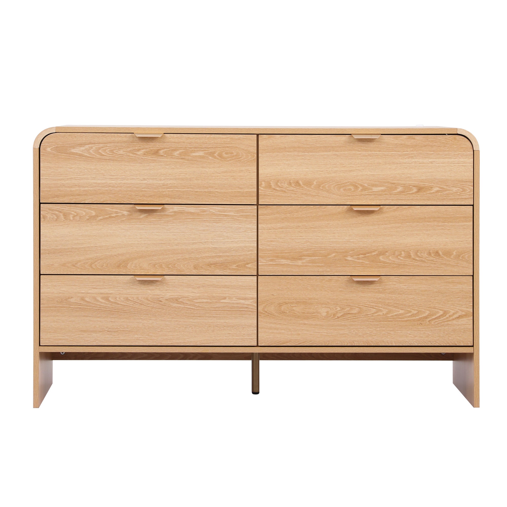 Light pine dresser cabinet front with 6 drawers and straight metal pull handles