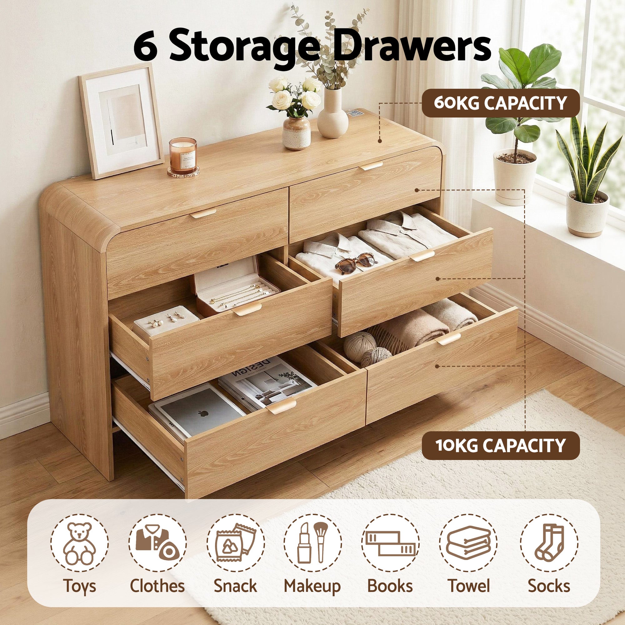 Light pine dresser cabinet with 6 storage drawers and open compartments for items