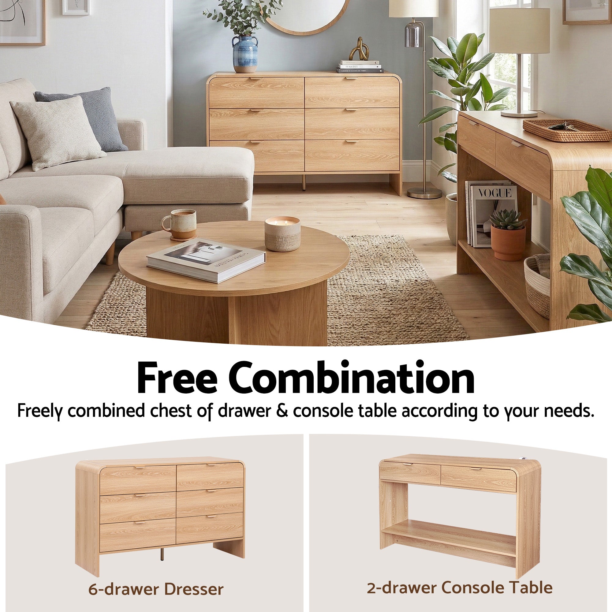 Light pine 6-drawer dresser cabinet with rounded corners and angled legs