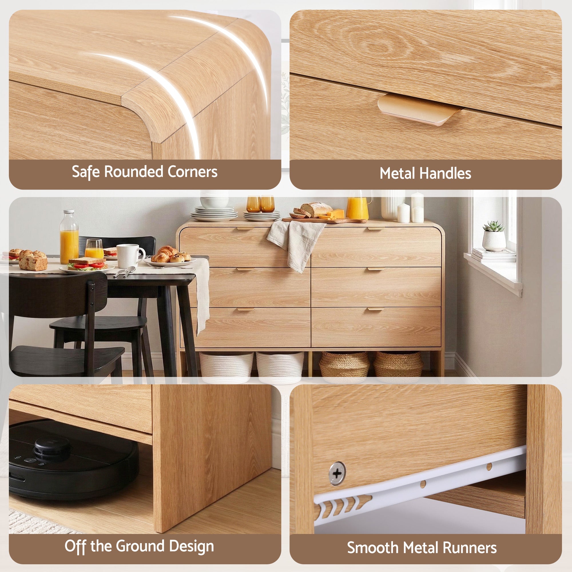 Light pine dresser cabinet close-up with metal handles and rounded corner design