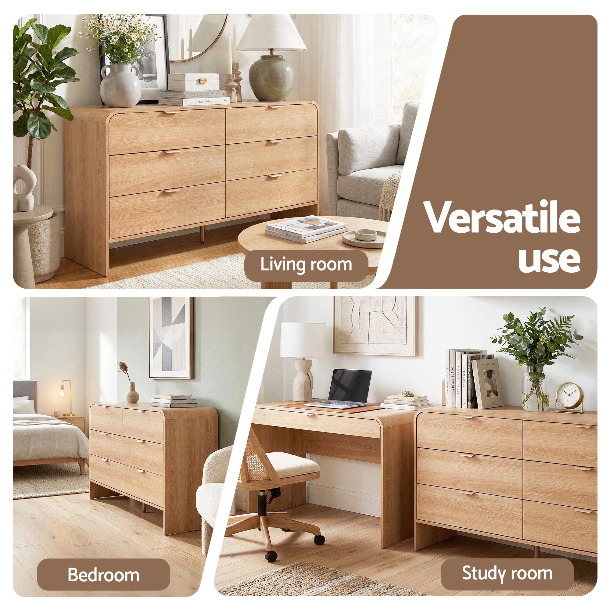Light pine 6-drawer dresser cabinet shown in a versatile room-use collage