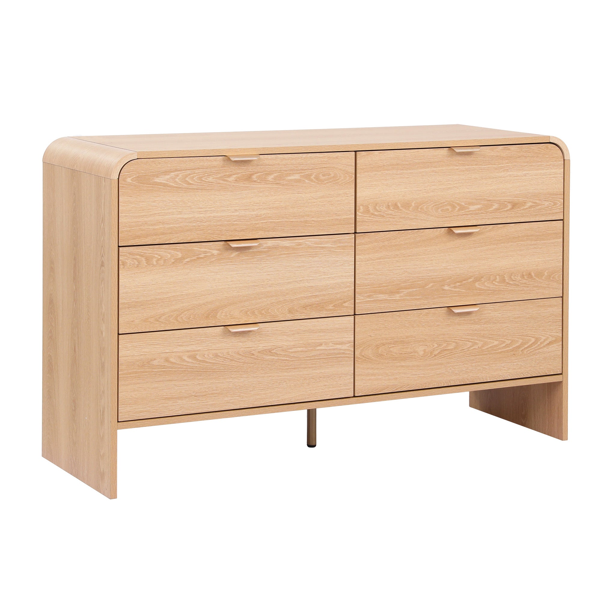 Light pine dresser cabinet front with 6 drawers, smooth metal handles and rounded top corners