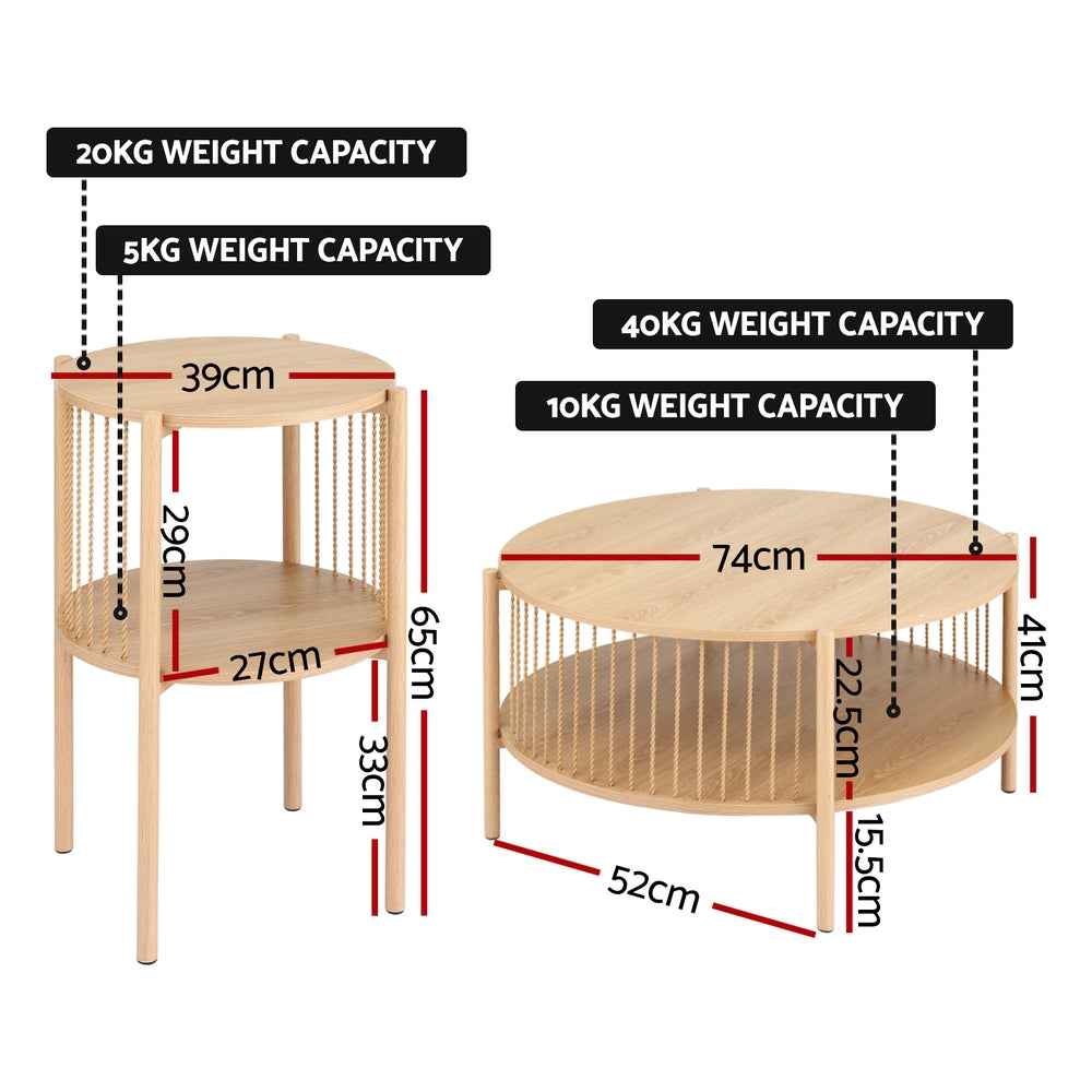 2-tier round wood coffee table with round tabletop and slatted lower shelf