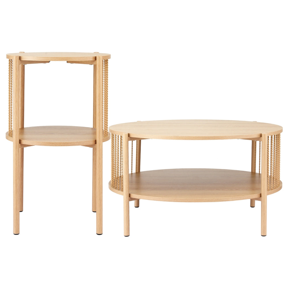 2-tier round wood coffee table with open slatted sides and two circular shelves
