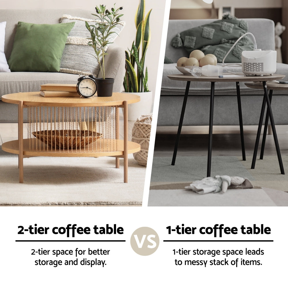 Round wood coffee table with two-tier circular shelves and slatted sides
