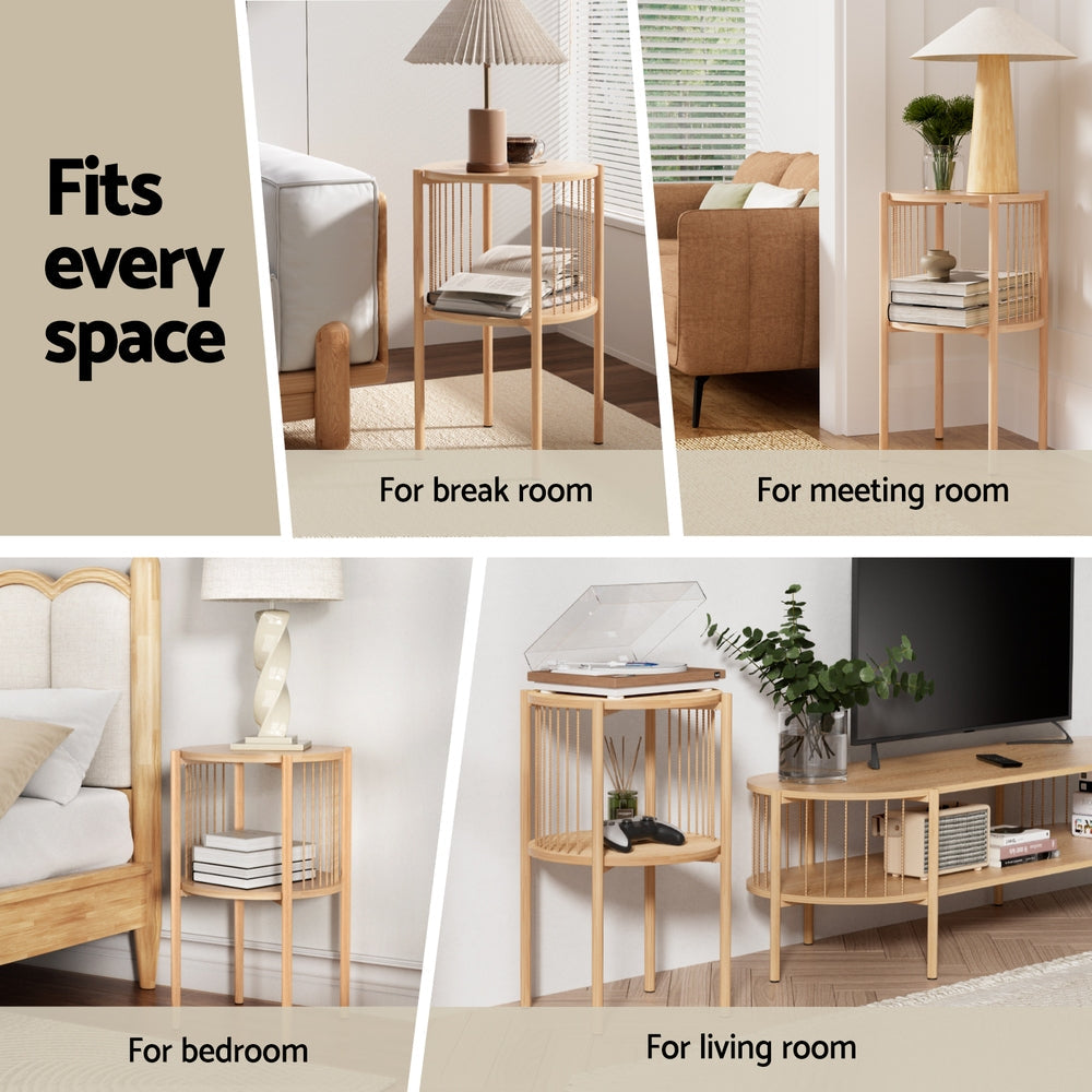 Round wood 2-tier coffee table with slatted sides and circular shelves