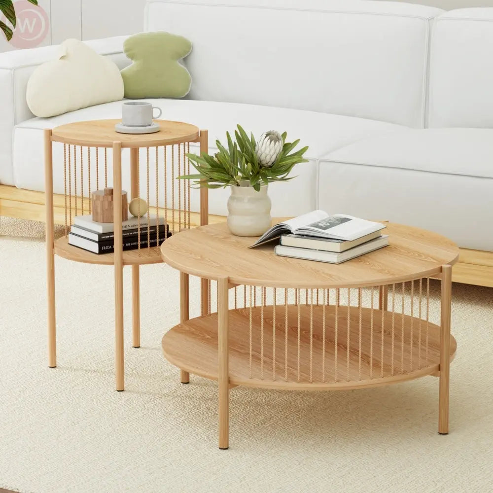 Round 2-tier light wood coffee table with vertical slat sides and two circular tiers