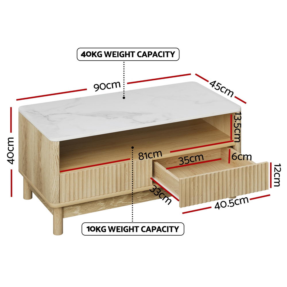 Coffee table size diagram with key dimensions and weight capacities