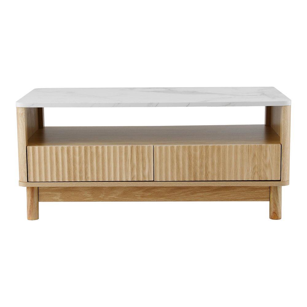 Marble-effect coffee table with two-tier storage and ribbed drawer front