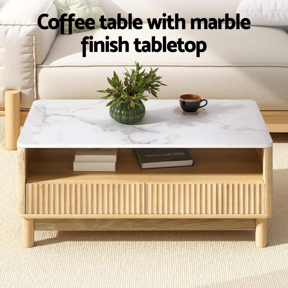Marble-effect coffee table with open shelf and ribbed drawer front