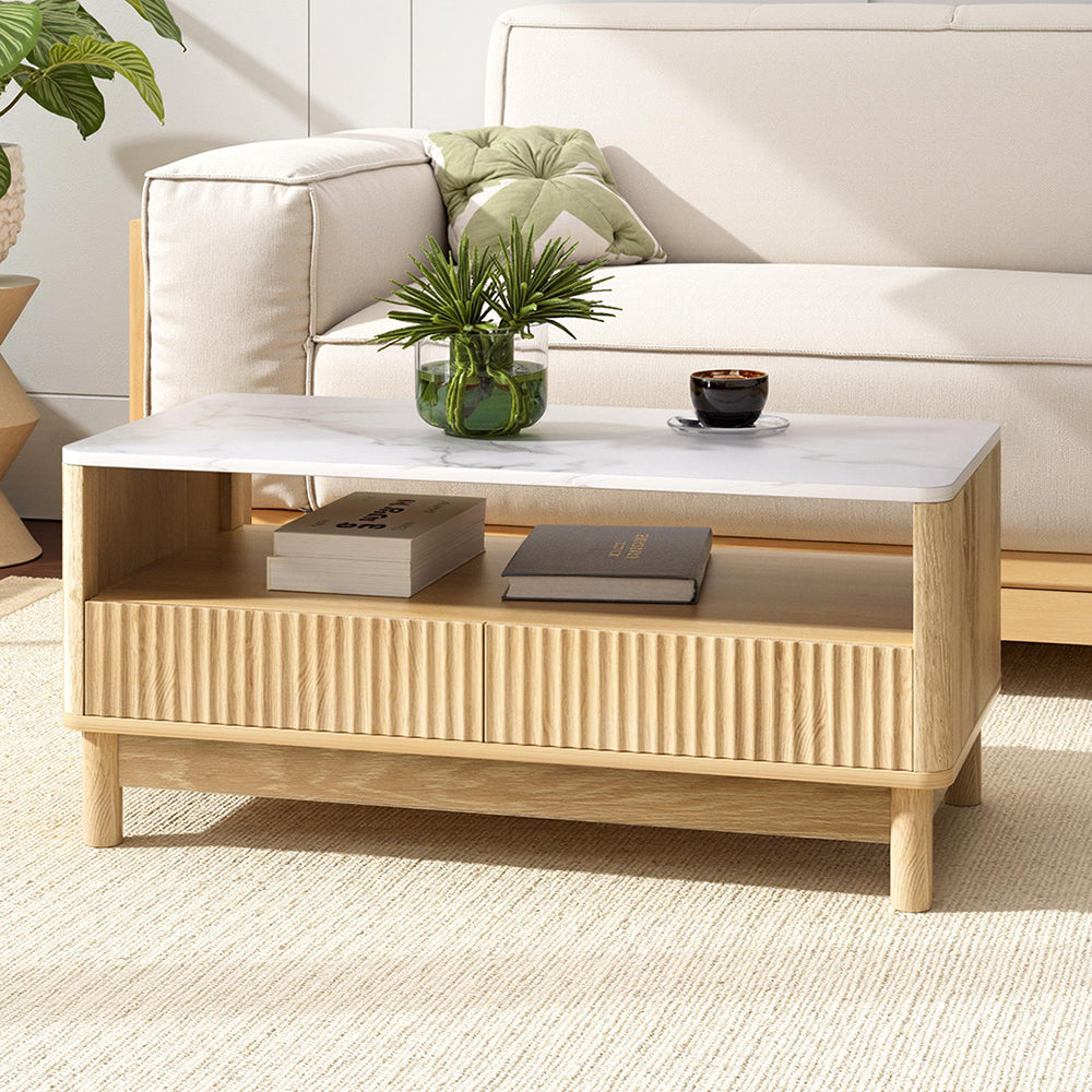Marble-effect coffee table with ribbed drawer shelf and open storage