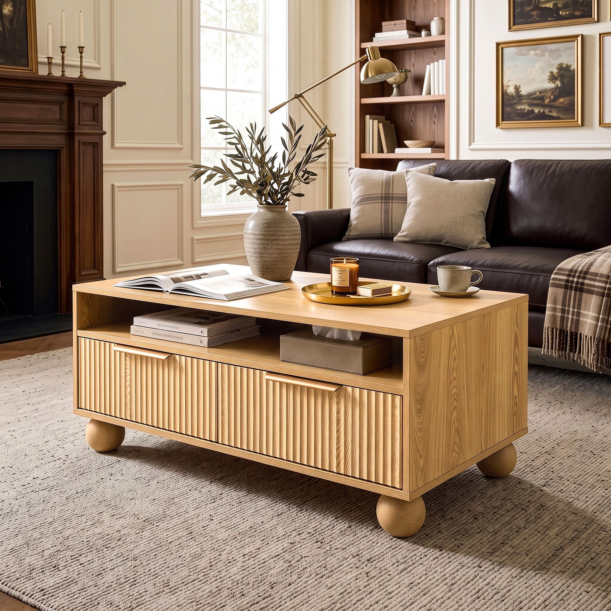 Artiss Coffee Table 90cm Center Table Fluted Drawers Open Shelf Spherical Solid Legs Wood Bedworld