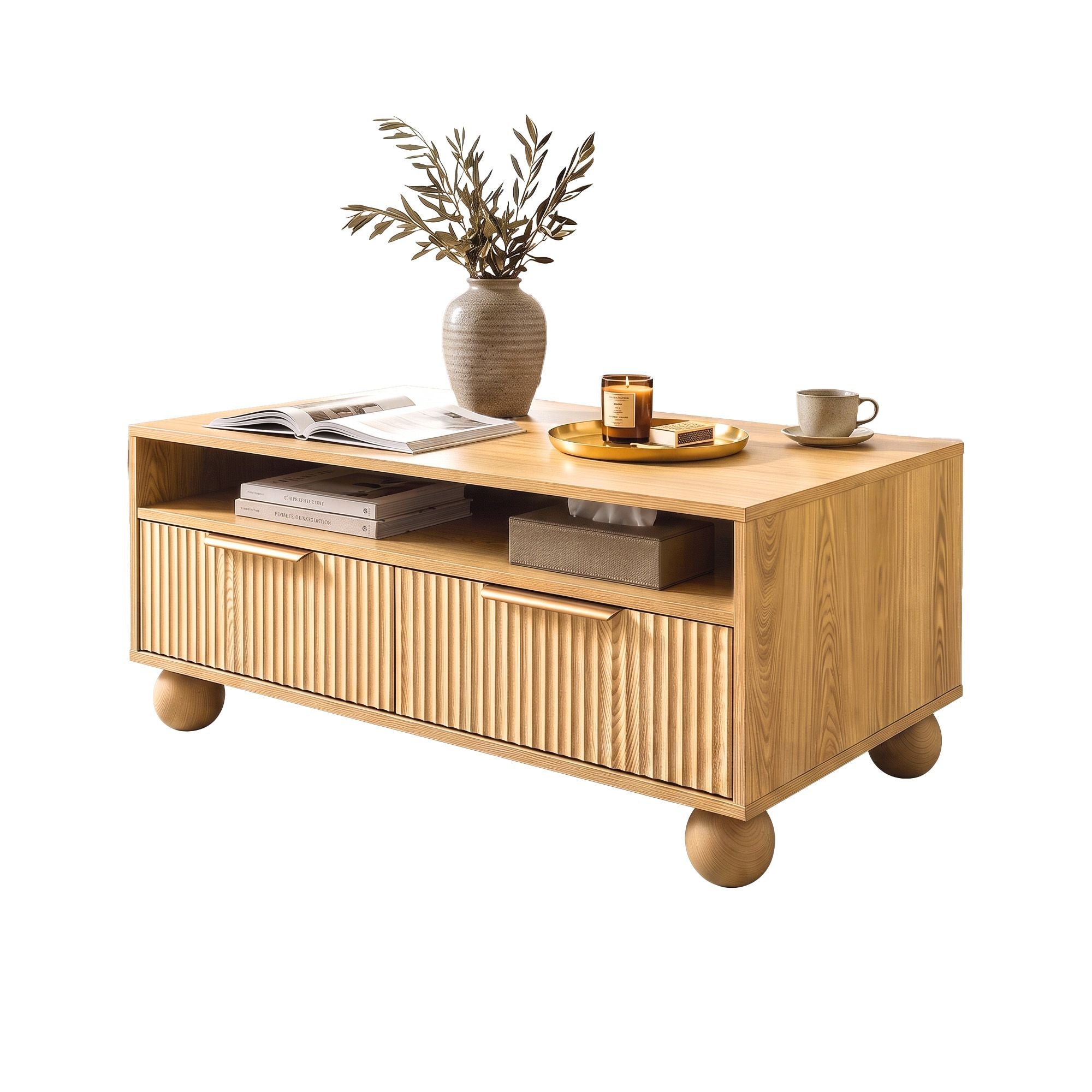 Artiss Coffee Table 90cm Center Table Fluted Drawers Open Shelf Spherical Solid Legs Wood Bedworld