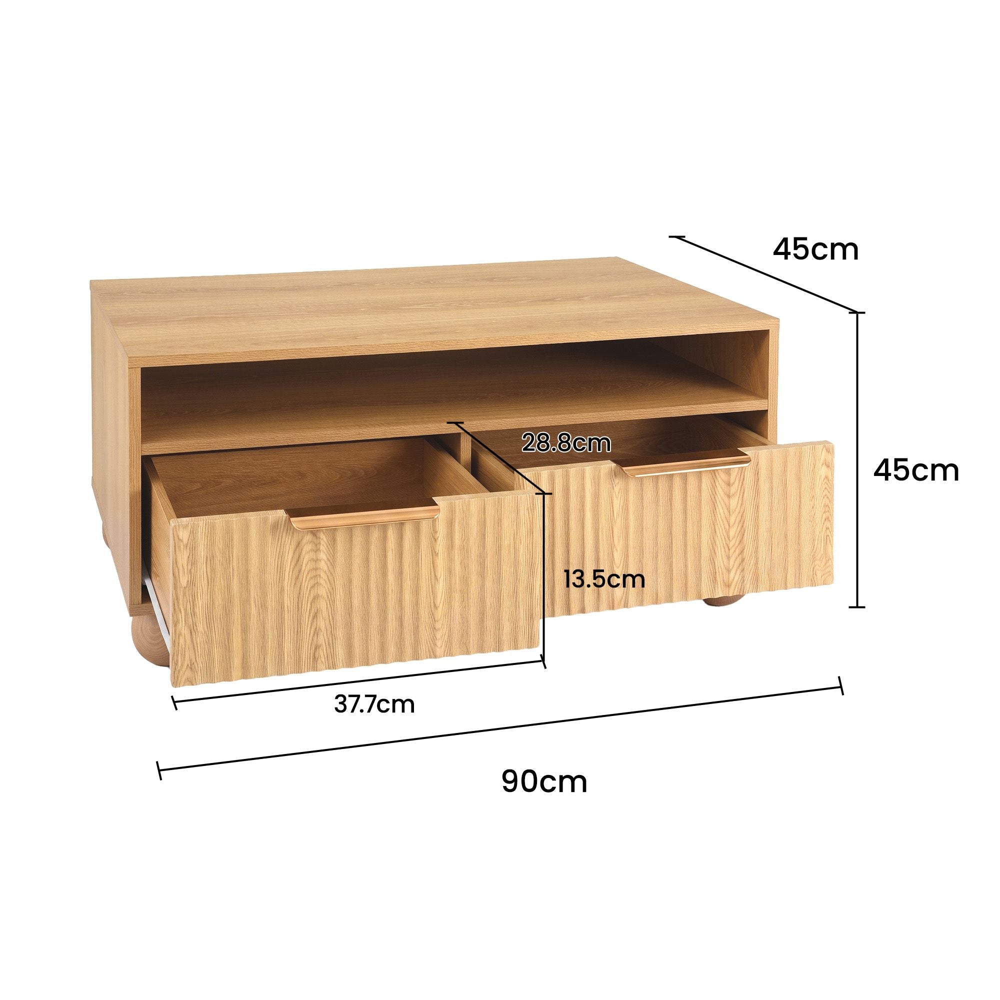 Artiss Coffee Table 90cm Center Table Fluted Drawers Open Shelf Spherical Solid Legs Wood Bedworld