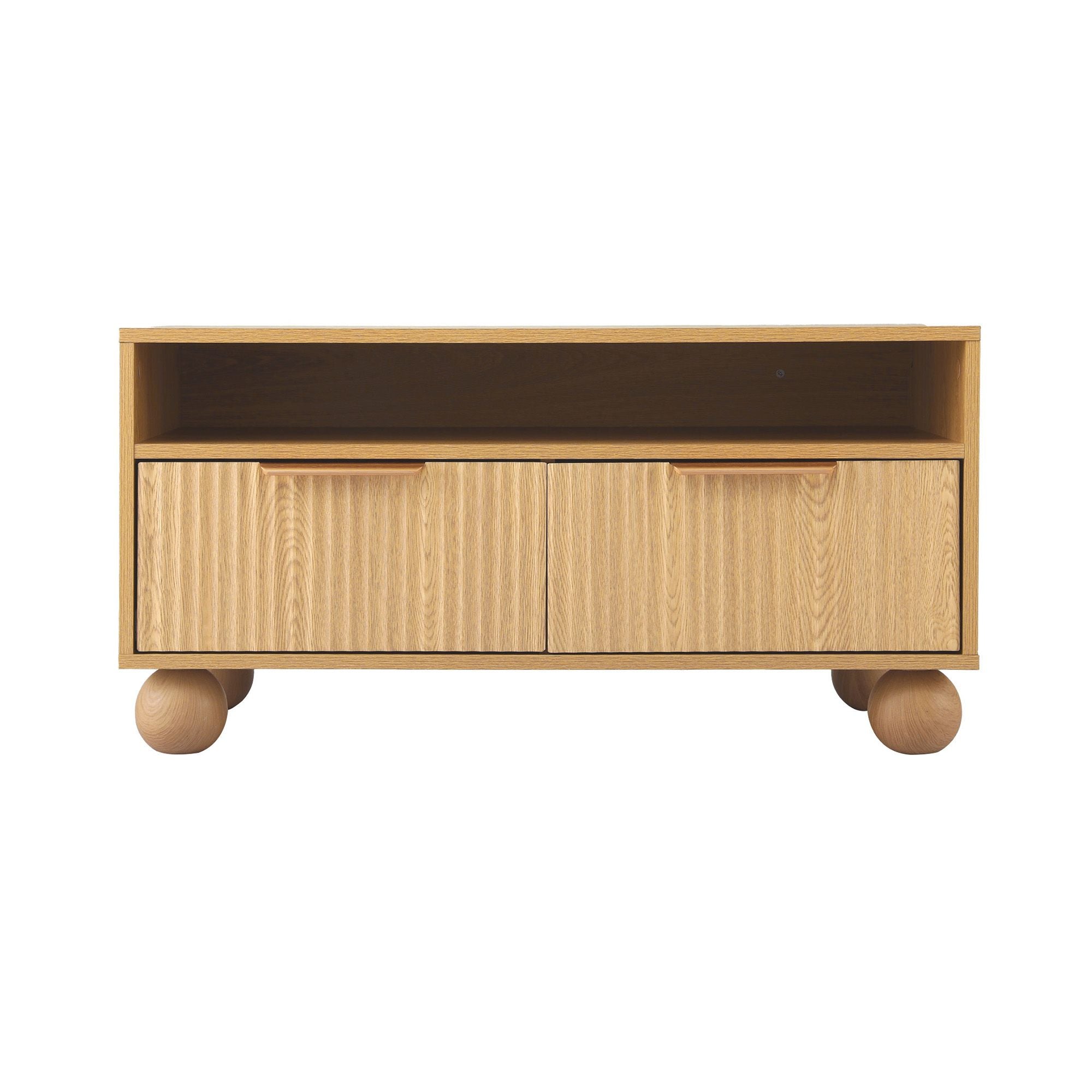 Artiss Coffee Table 90cm Center Table Fluted Drawers Open Shelf Spherical Solid Legs Wood Bedworld