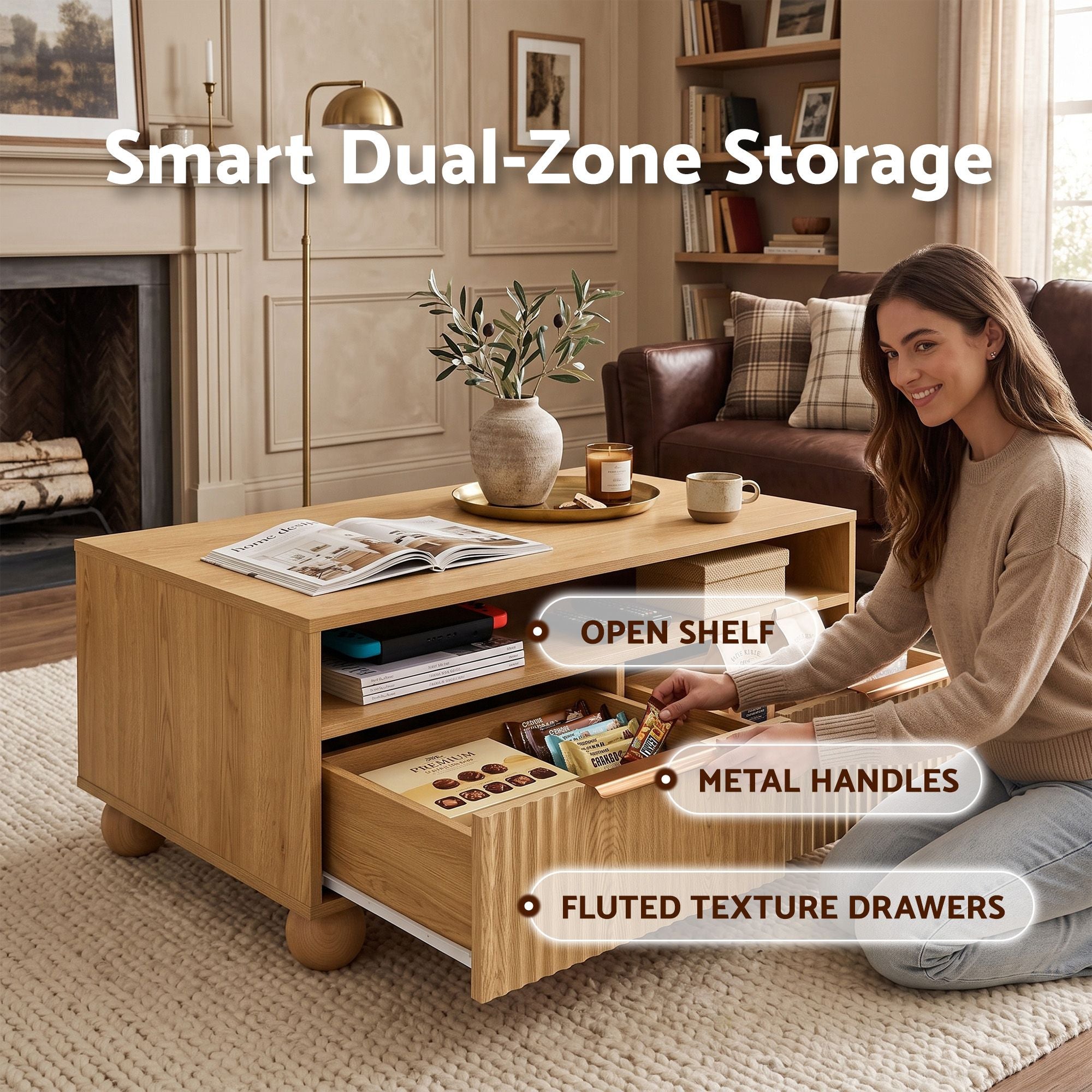 Artiss Coffee Table 90cm Center Table Fluted Drawers Open Shelf Spherical Solid Legs Wood Bedworld