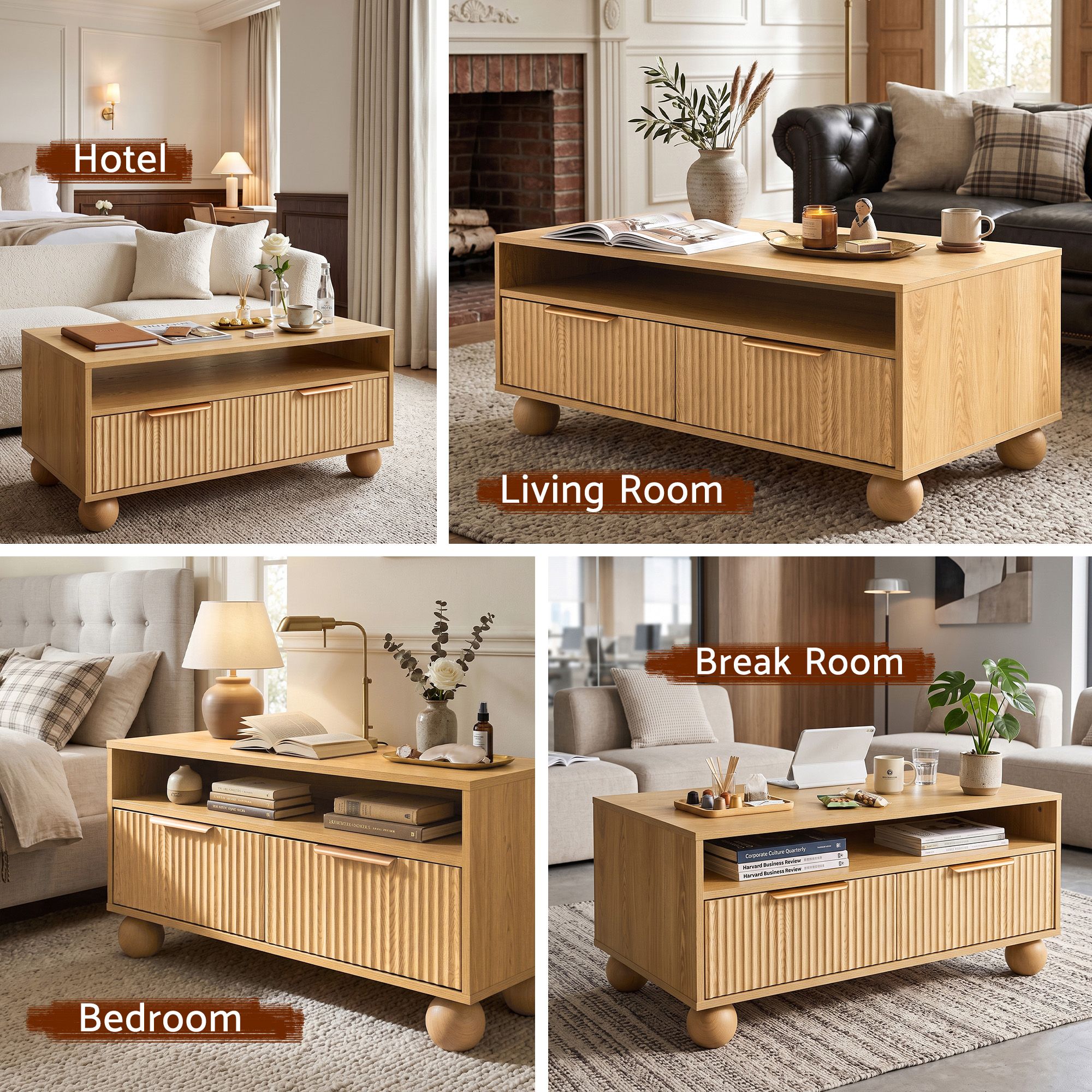 Artiss Coffee Table 90cm Center Table Fluted Drawers Open Shelf Spherical Solid Legs Wood Bedworld