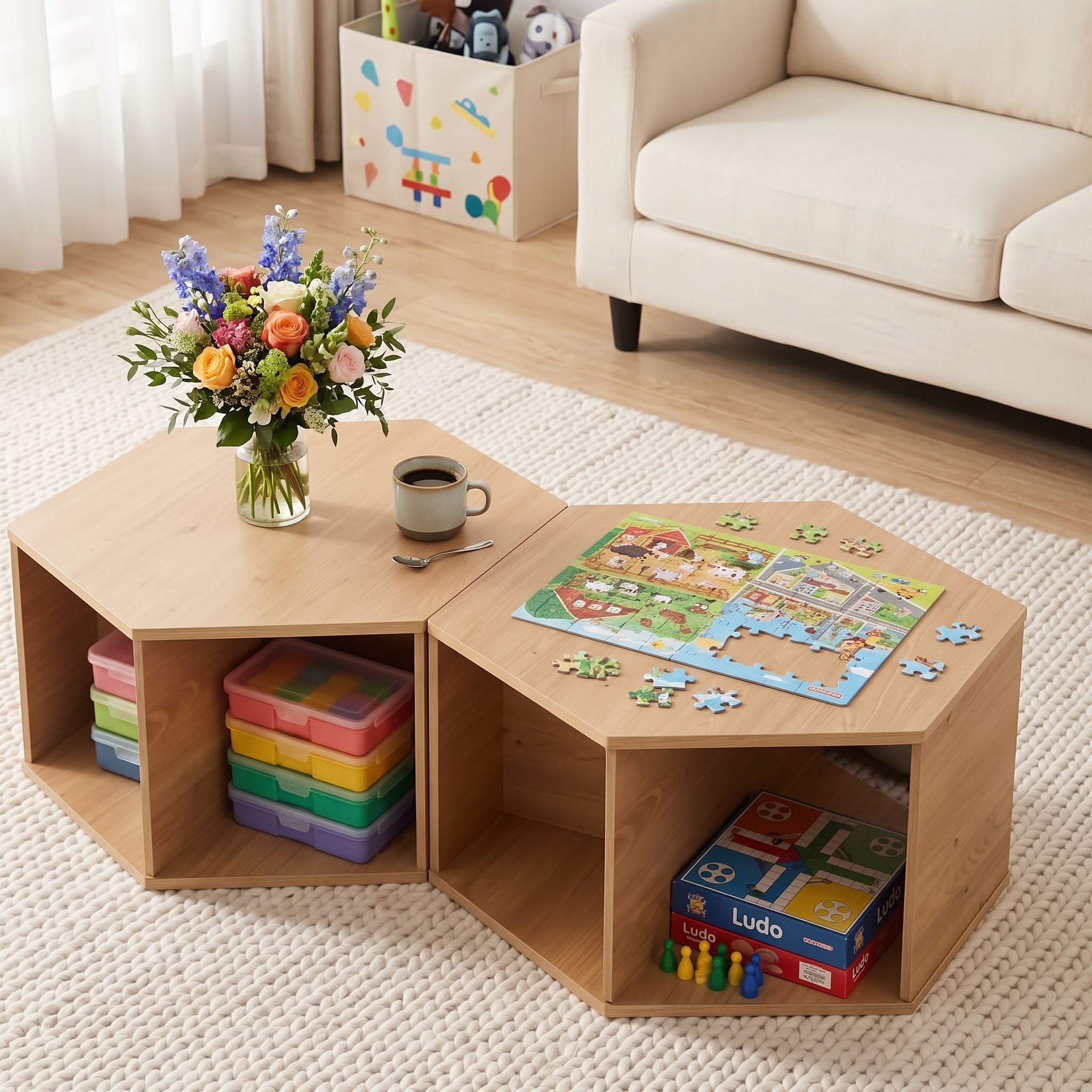 Artiss Set of 2 Coffee Table Hexagonal Center Table with Open Storage 2-Way Display Side Table Wood Bedworld