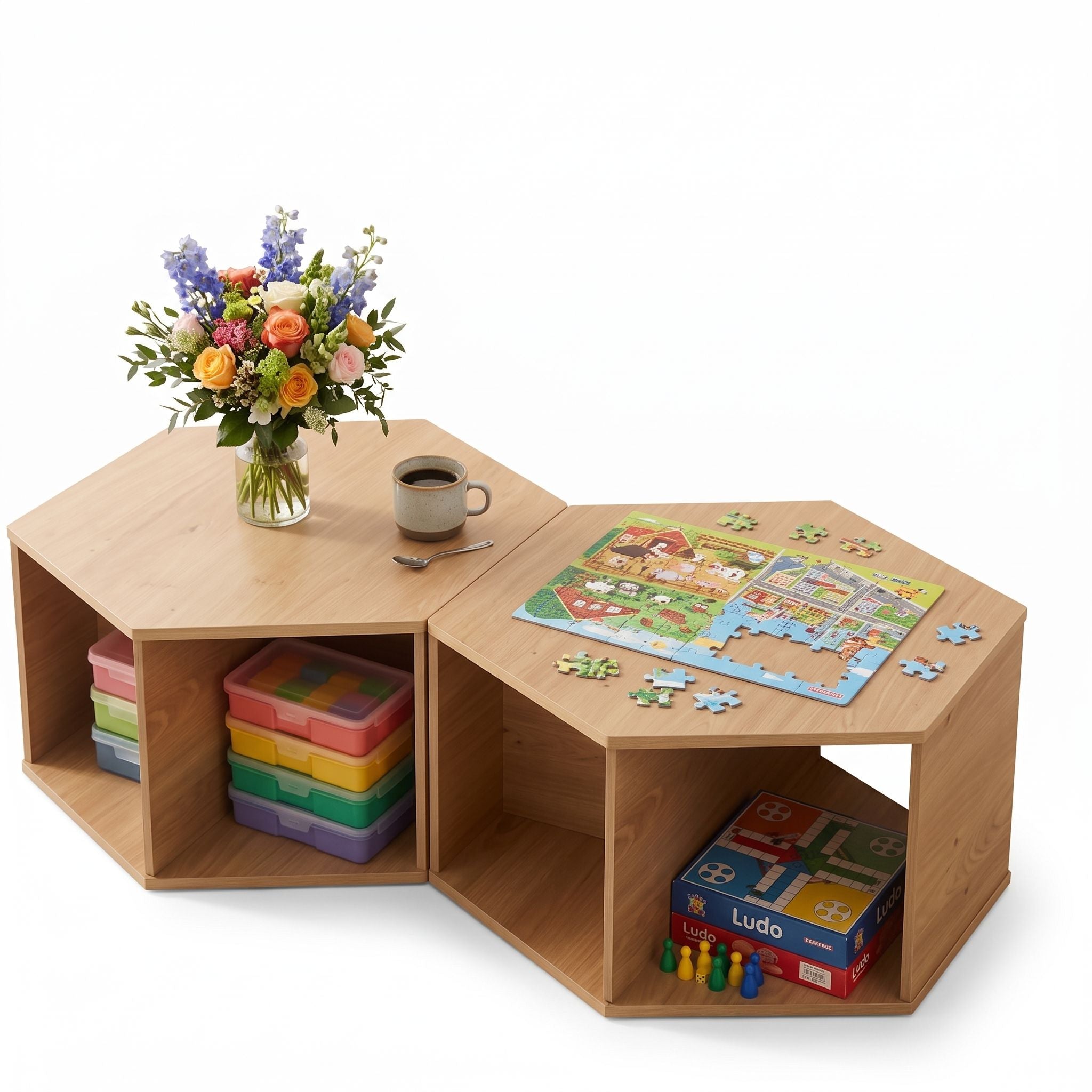 Artiss Set of 2 Coffee Table Hexagonal Center Table with Open Storage 2-Way Display Side Table Wood Bedworld
