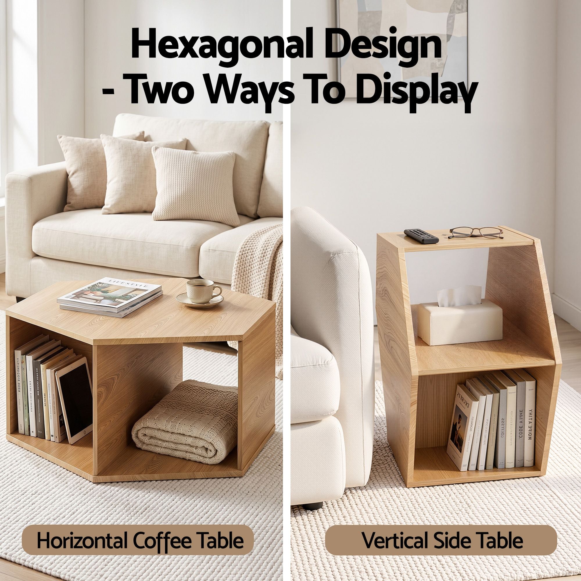Artiss Set of 2 Coffee Table Hexagonal Center Table with Open Storage 2-Way Display Side Table Wood Bedworld