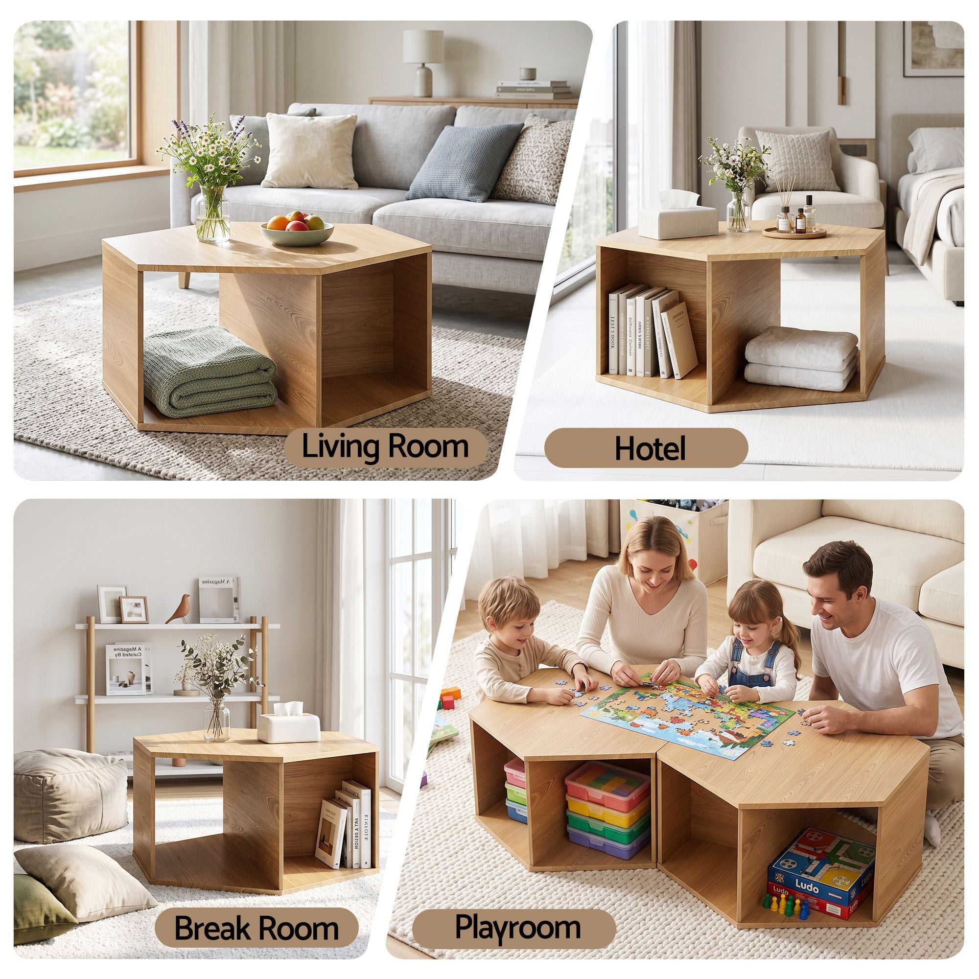 Artiss Set of 2 Coffee Table Hexagonal Center Table with Open Storage 2-Way Display Side Table Wood Bedworld