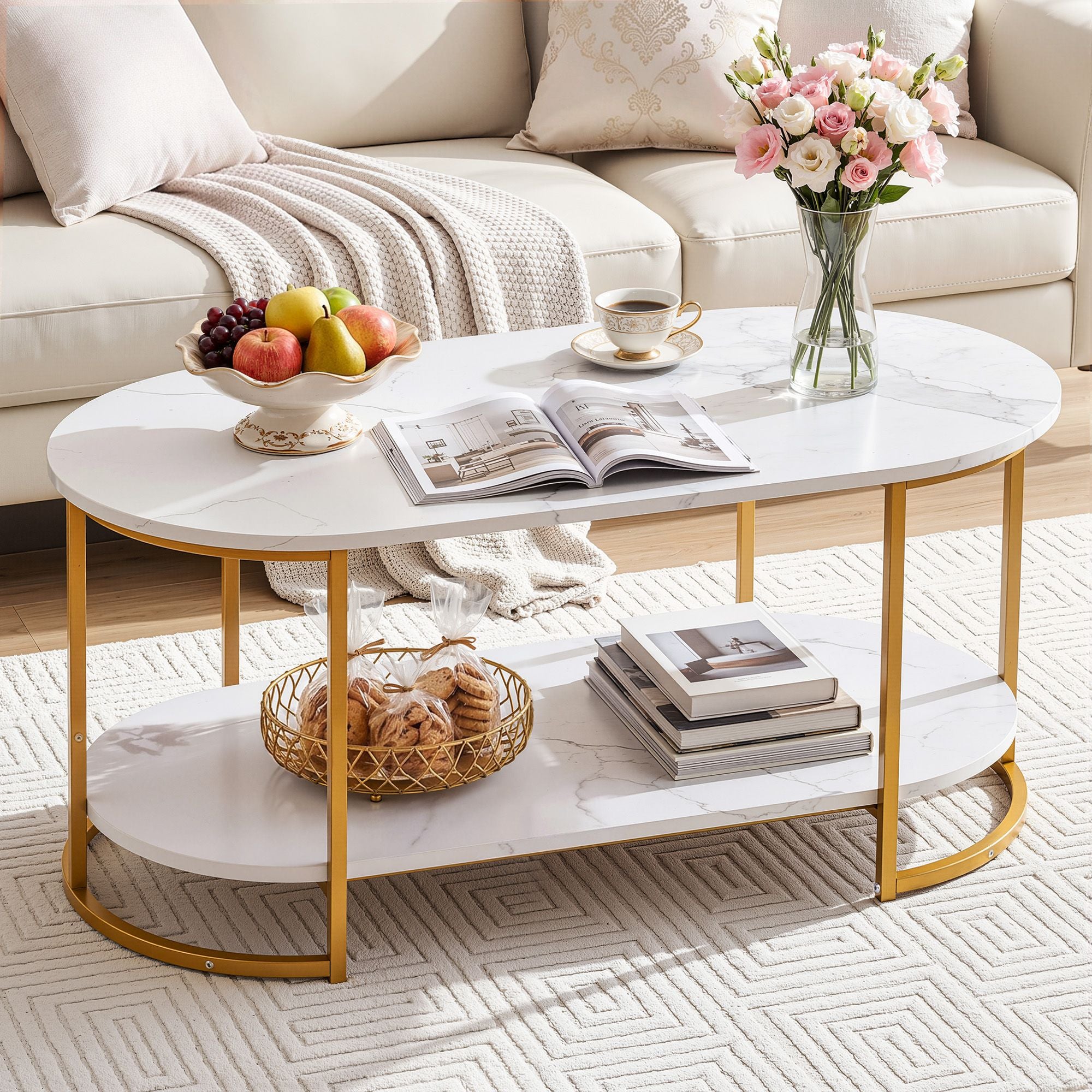 Artiss Coffee Table 2 Tier Oval Marble Finish Storage Shelf Metal Frame Center Table Living Room 100x50x45cm White & Gold Bedworld