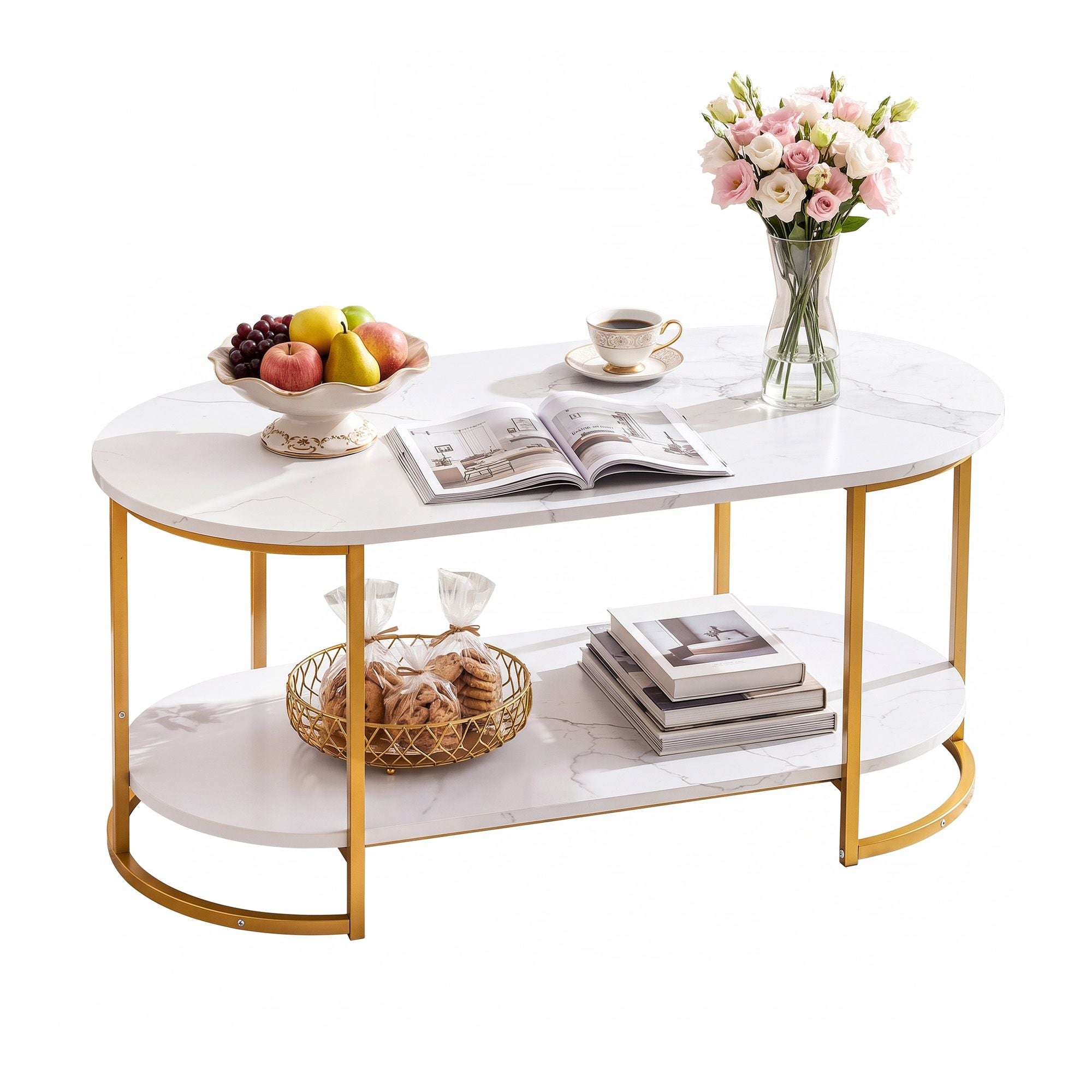 Artiss Coffee Table 2 Tier Oval Marble Finish Storage Shelf Metal Frame Center Table Living Room 100x50x45cm White & Gold Bedworld