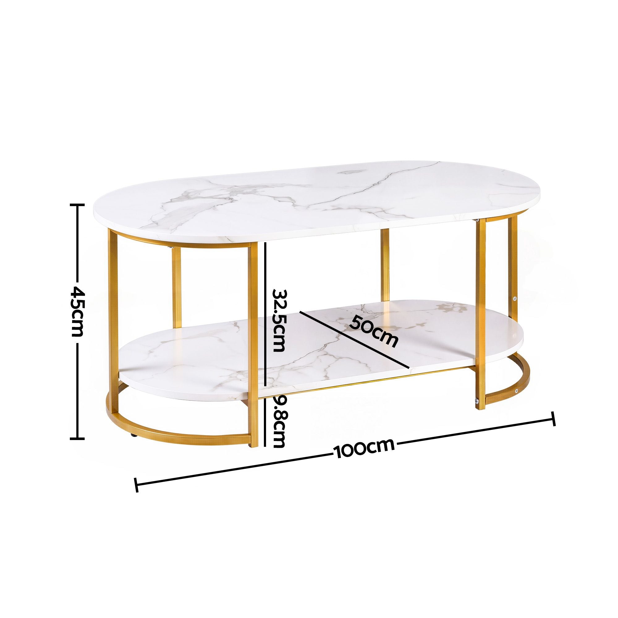 Artiss Coffee Table 2 Tier Oval Marble Finish Storage Shelf Metal Frame Center Table Living Room 100x50x45cm White & Gold Bedworld