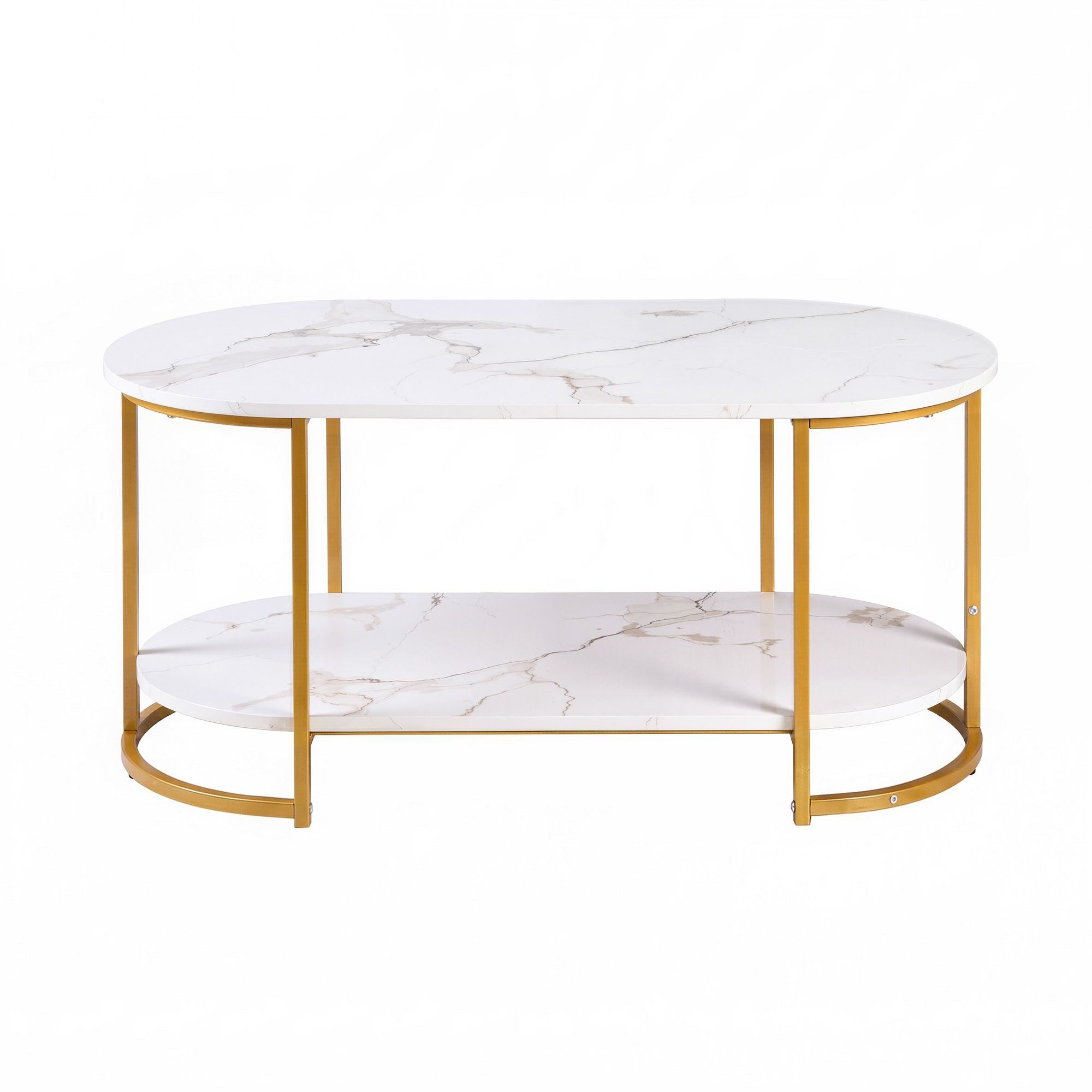 Artiss Coffee Table 2 Tier Oval Marble Finish Storage Shelf Metal Frame Center Table Living Room 100x50x45cm White & Gold Bedworld