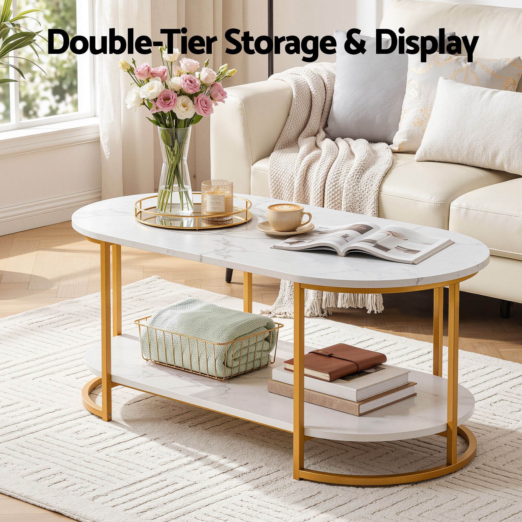 Artiss Coffee Table 2 Tier Oval Marble Finish Storage Shelf Metal Frame Center Table Living Room 100x50x45cm White & Gold Bedworld