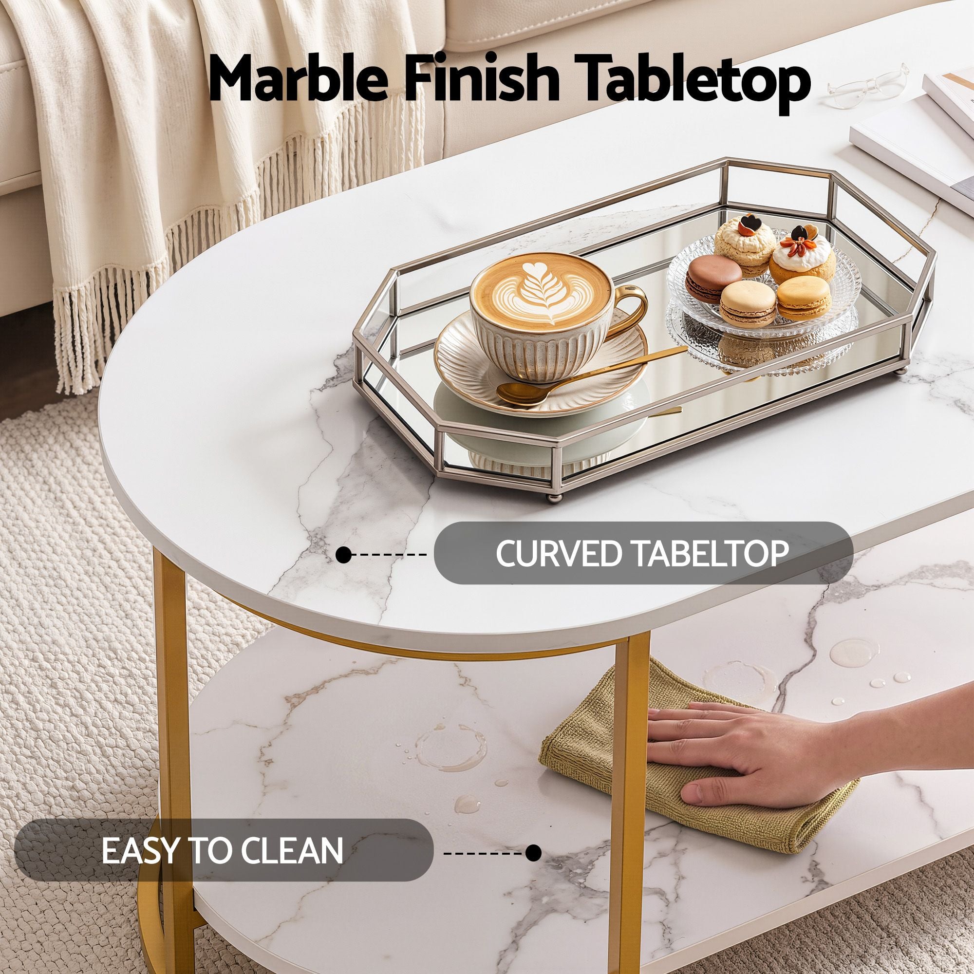 Artiss Coffee Table 2 Tier Oval Marble Finish Storage Shelf Metal Frame Center Table Living Room 100x50x45cm White & Gold Bedworld