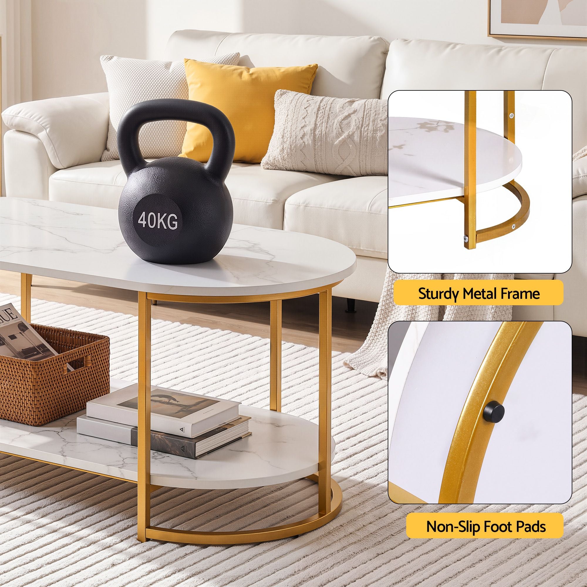 Artiss Coffee Table 2 Tier Oval Marble Finish Storage Shelf Metal Frame Center Table Living Room 100x50x45cm White & Gold Bedworld