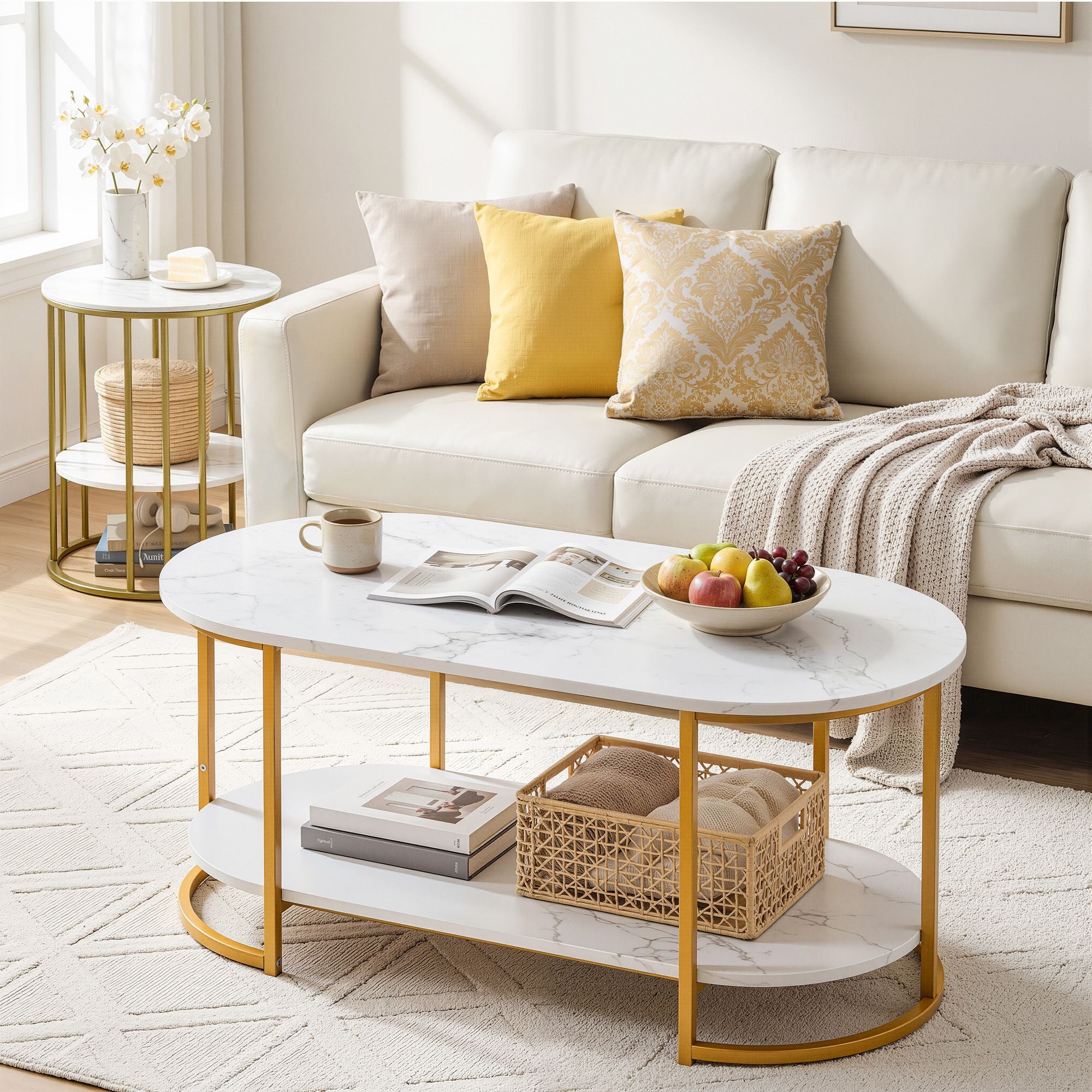 Artiss Coffee Table 2 Tier Oval Marble Finish Storage Shelf Metal Frame Center Table Living Room 100x50x45cm White & Gold Bedworld