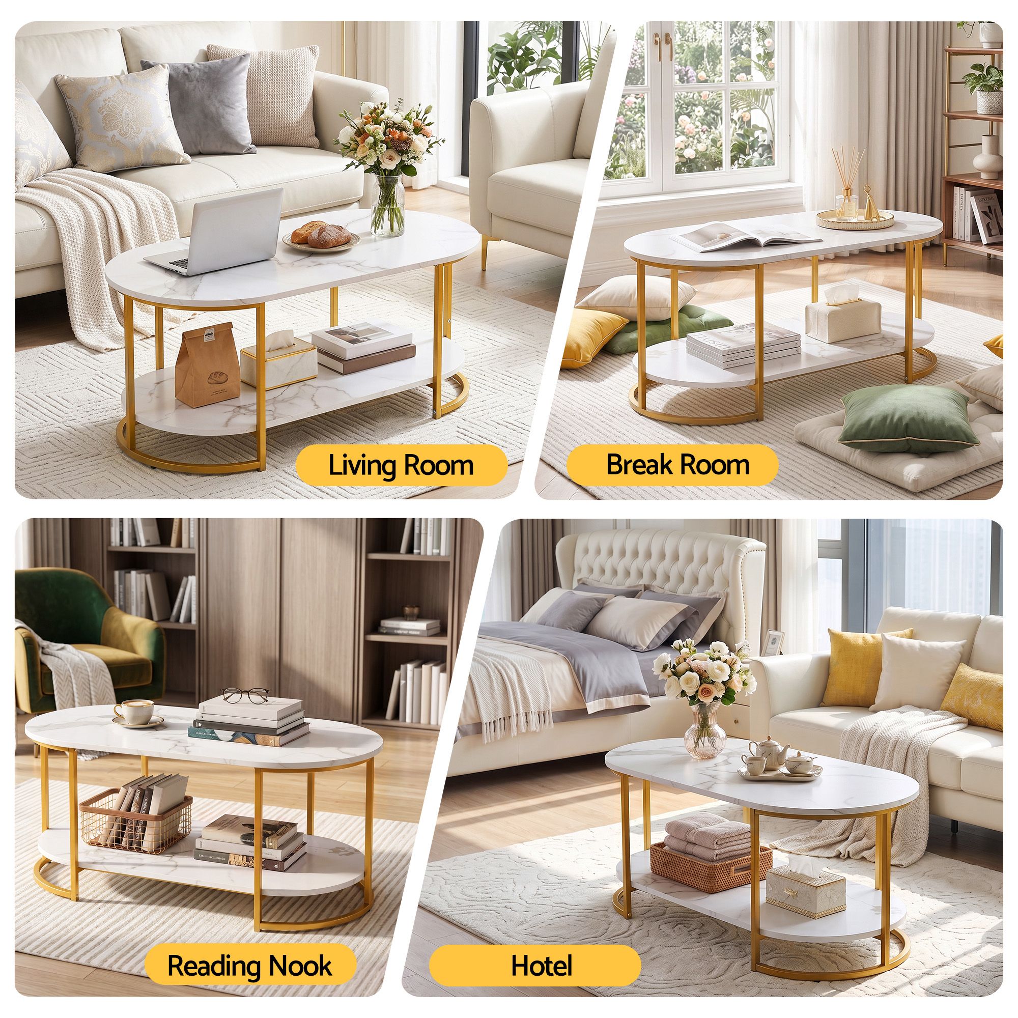 Artiss Coffee Table 2 Tier Oval Marble Finish Storage Shelf Metal Frame Center Table Living Room 100x50x45cm White & Gold Bedworld