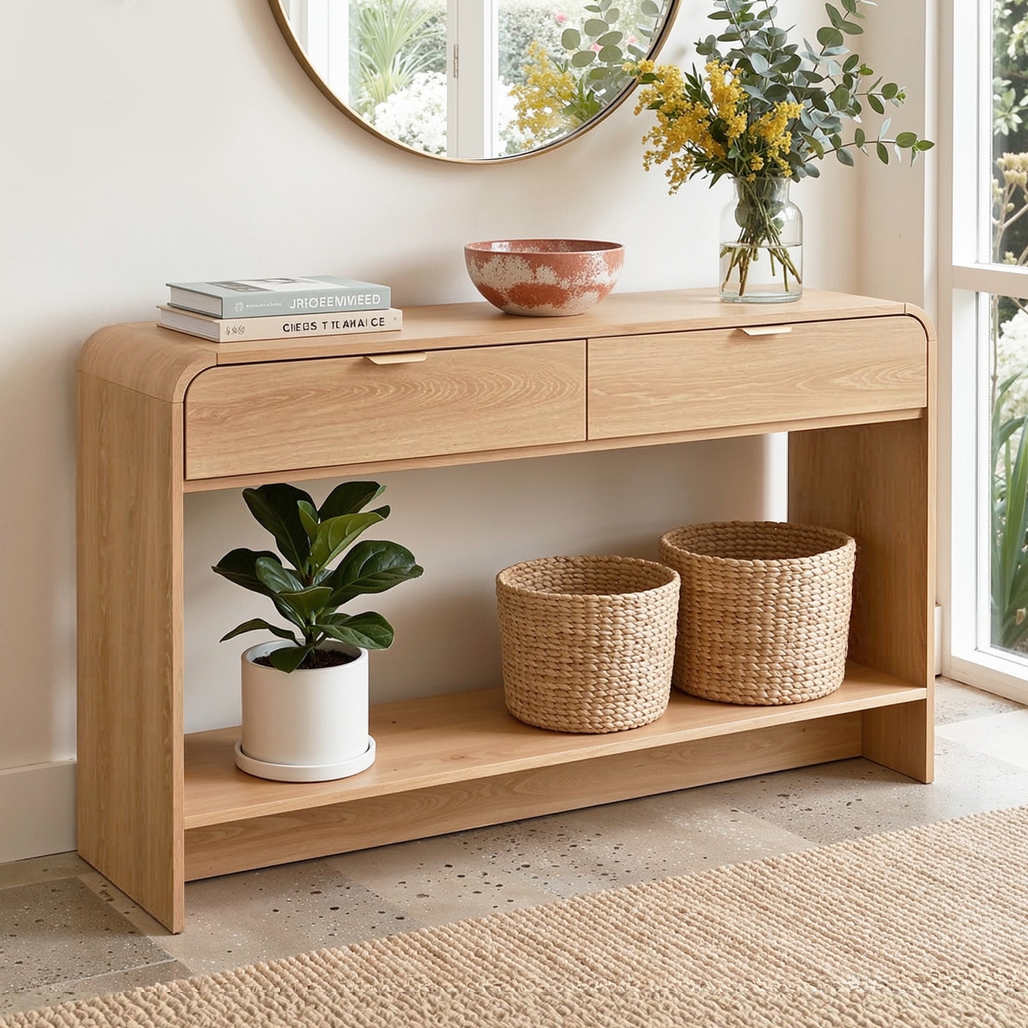 Artiss Console Table Hallway Entryway Storage Drawer Shelf Curved Edge 120CM Pine Bedworld