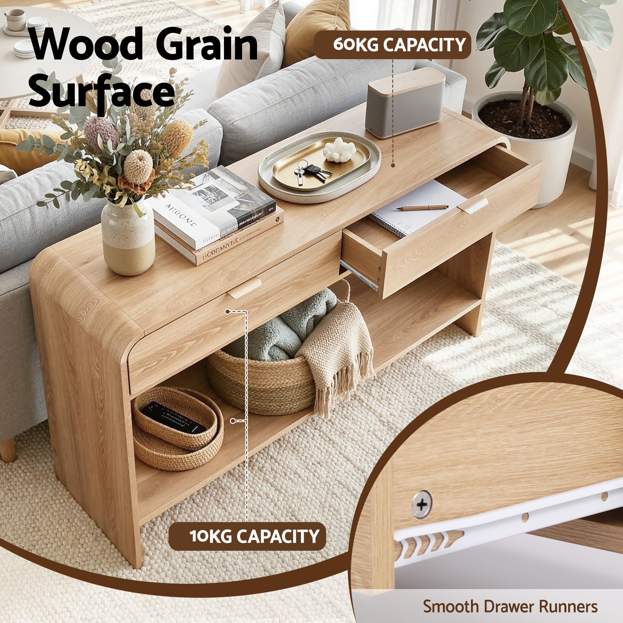 Artiss Console Table Hallway Entryway Storage Drawer Shelf Curved Edge 120CM Pine Bedworld