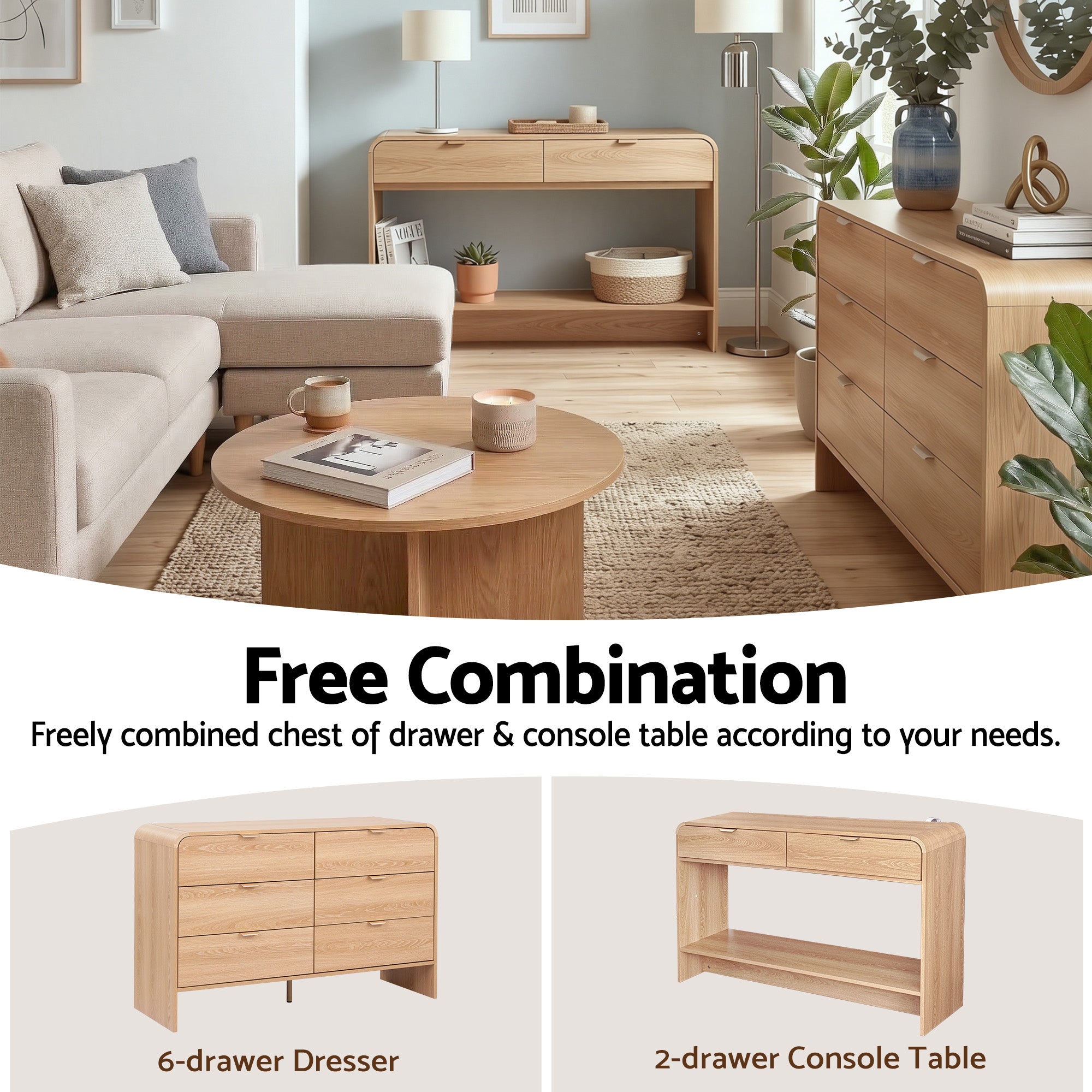 Artiss Console Table Hallway Entryway Storage Drawer Shelf Curved Edge 120CM Pine Bedworld