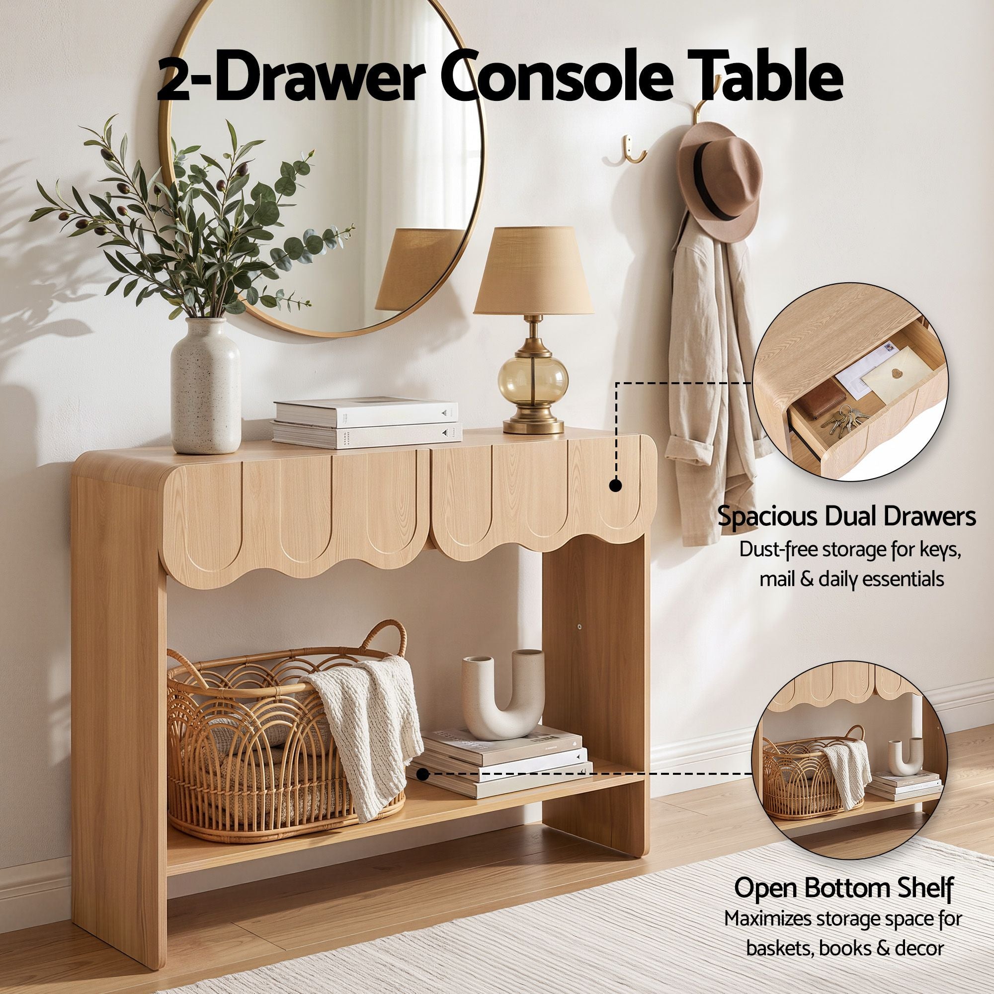 Artiss 2-Drawer Console Table, Scalloped Entryway Table with Safe Rounded Corners, 100 x 31 x 80 cm Bedworld